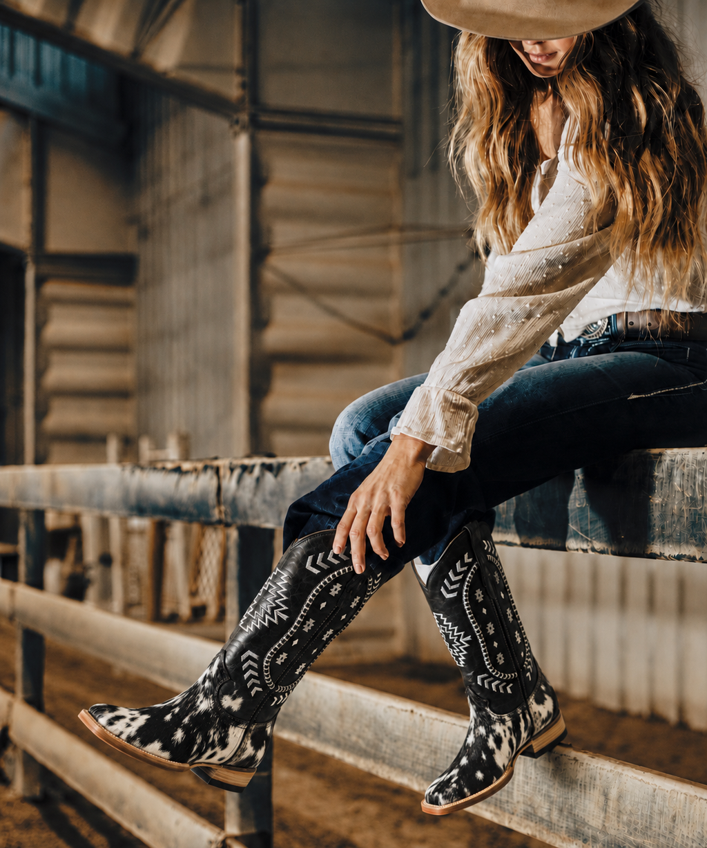 “ Yesenial “ Women Cowhide Boots Square Toe Western Boots