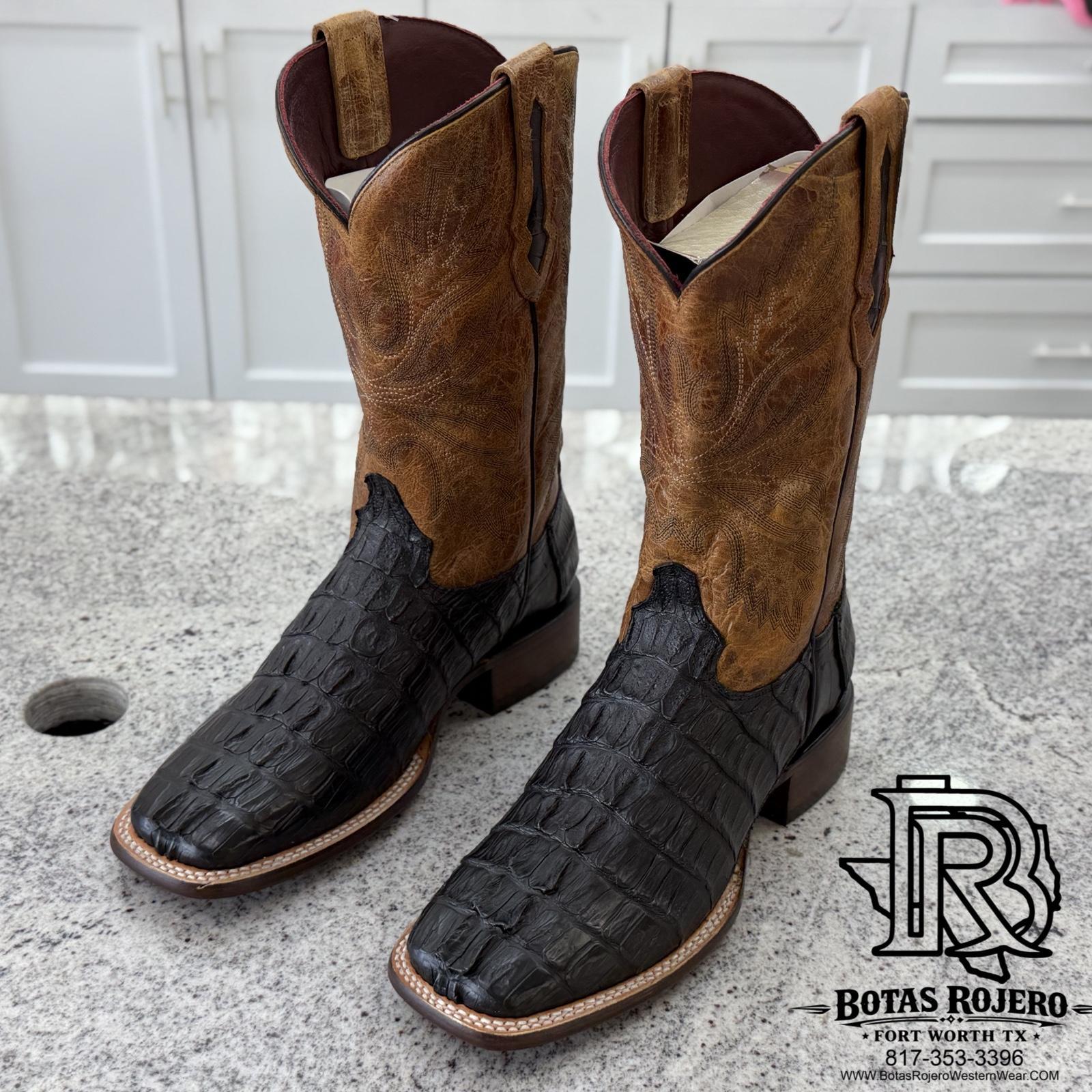 “ TANNER “ MEN'S BLACK CAIMAN BACK TAIL SQUARE TOE BOOT | IRON SPUR