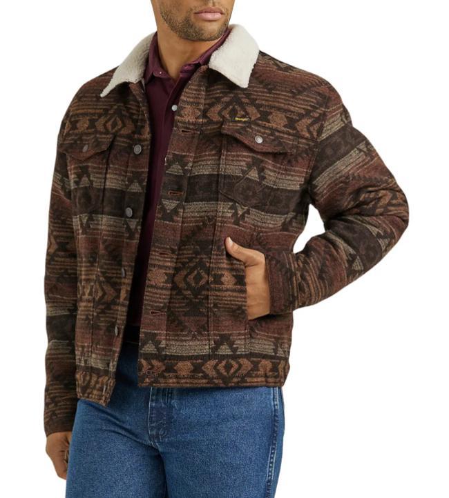 Wrangler Men's Jacquard Geometric Graphic Sherpa Brown Jacket |112352966