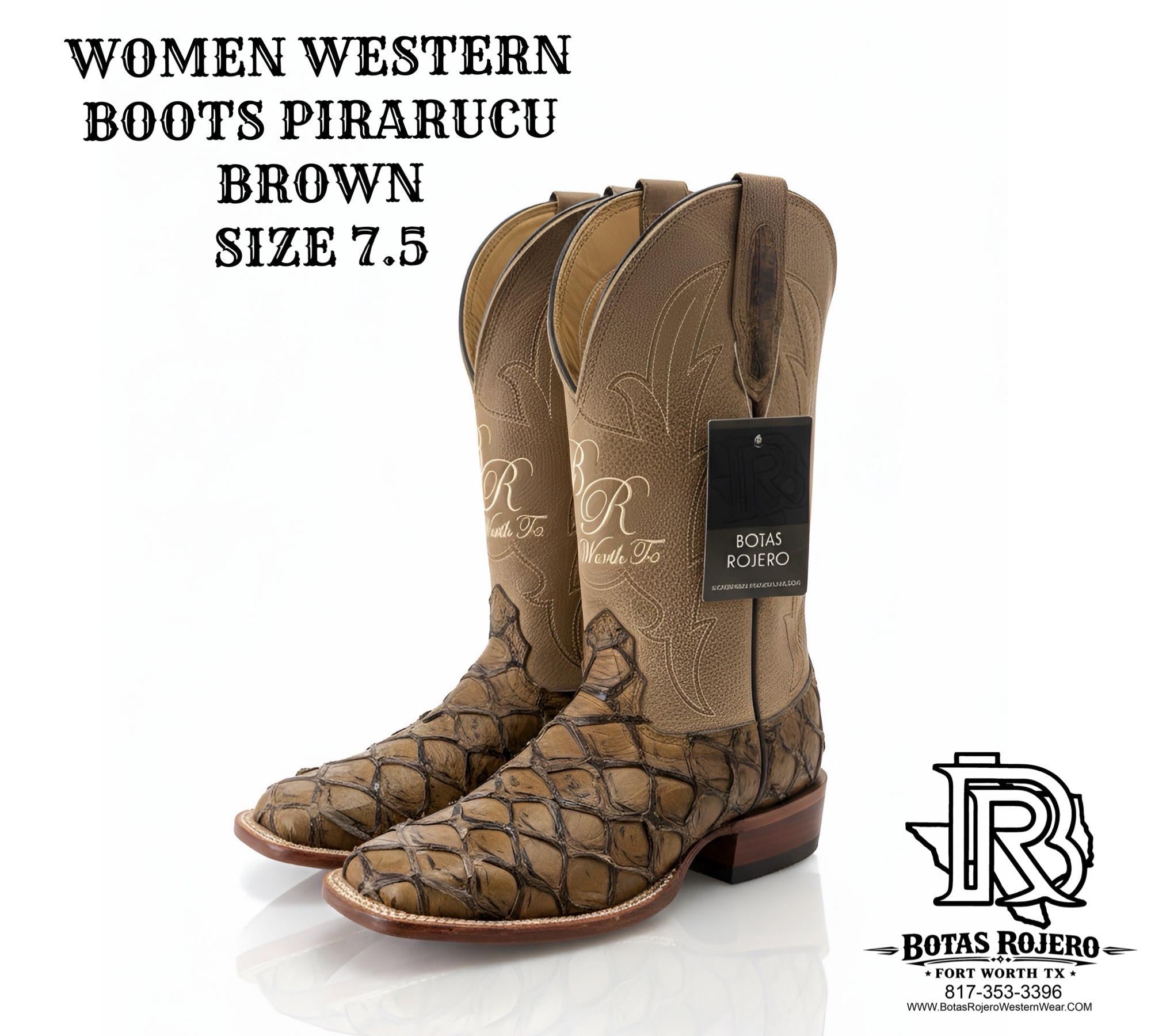 BROWN WOMEN SQUARE TOE ORIGNAL FISH ( PIRARUCU ) BOOTS BROWN
