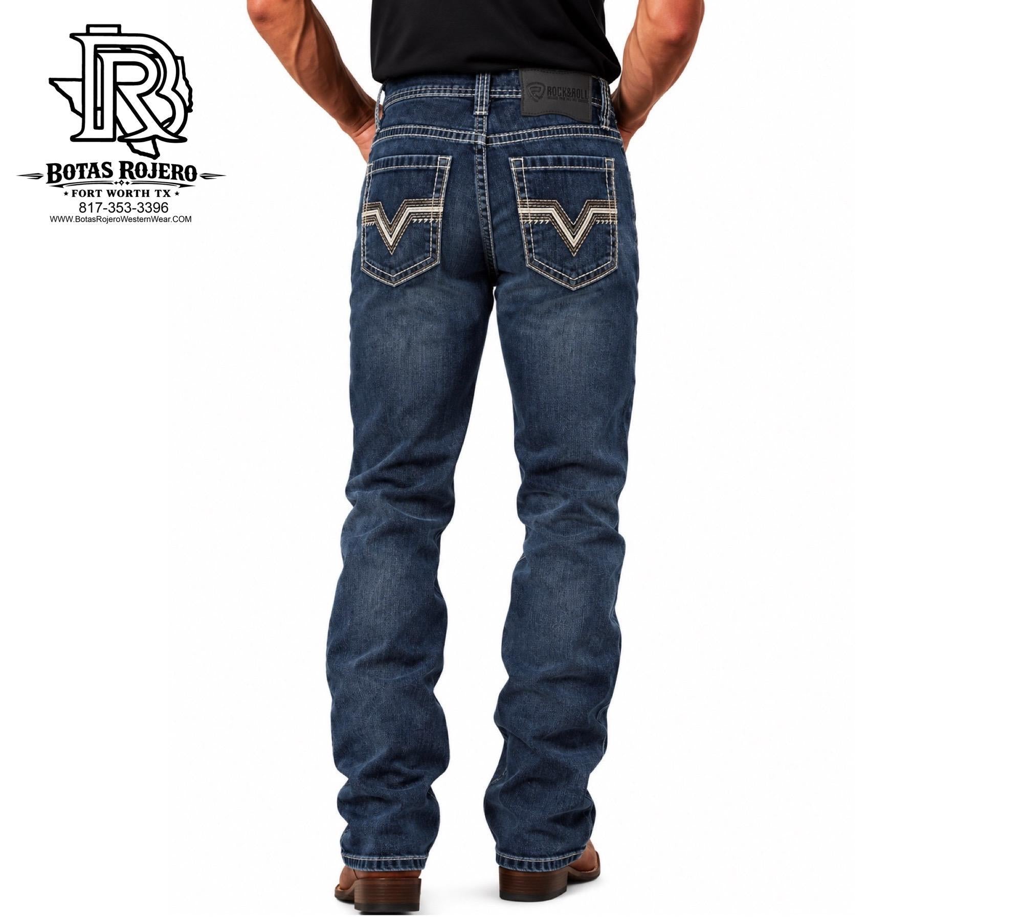MEN’S ROCK & ROLL DARK VINTAGE ZIG ZAG EMB SLIM STRAIGHT BOOT JEANS | BM1RD06705