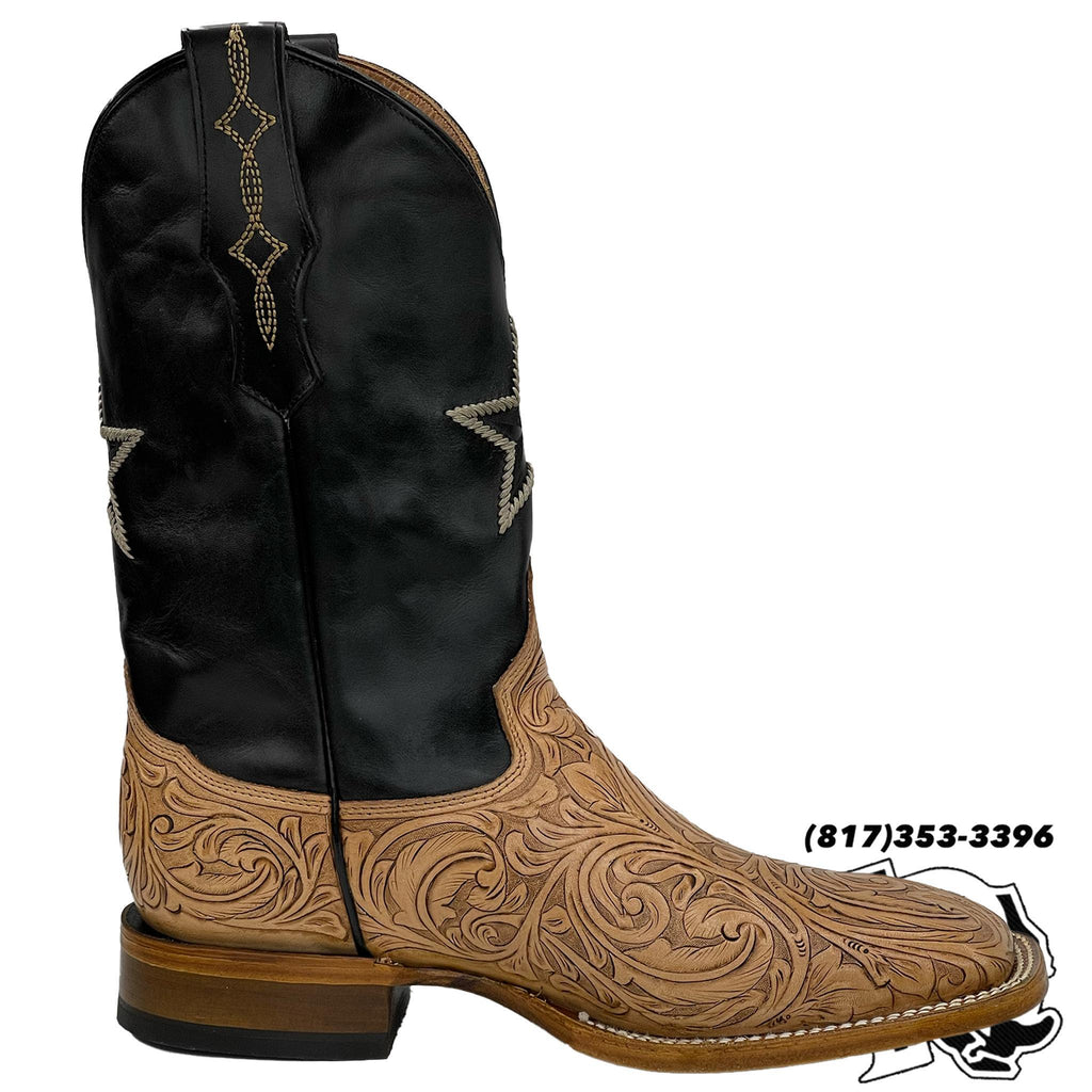 Handmade Tooled Leather Square Toe Boots – Natural Finish | Men’s Roper Heel
