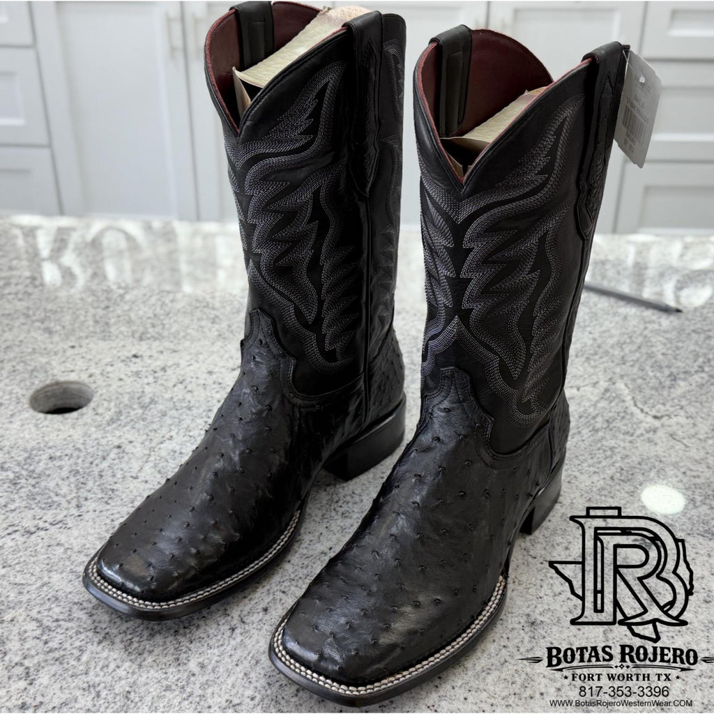 “ EMILIANO “ MEN'S BLACK ORIGINAL OSTRICH SQUARE TOE WESTERN BOOT BY IRON SPUR