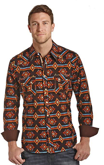 Rock and Roll Cowboy Poplin Aztec Print Long Sleeve Shirt B2S4124