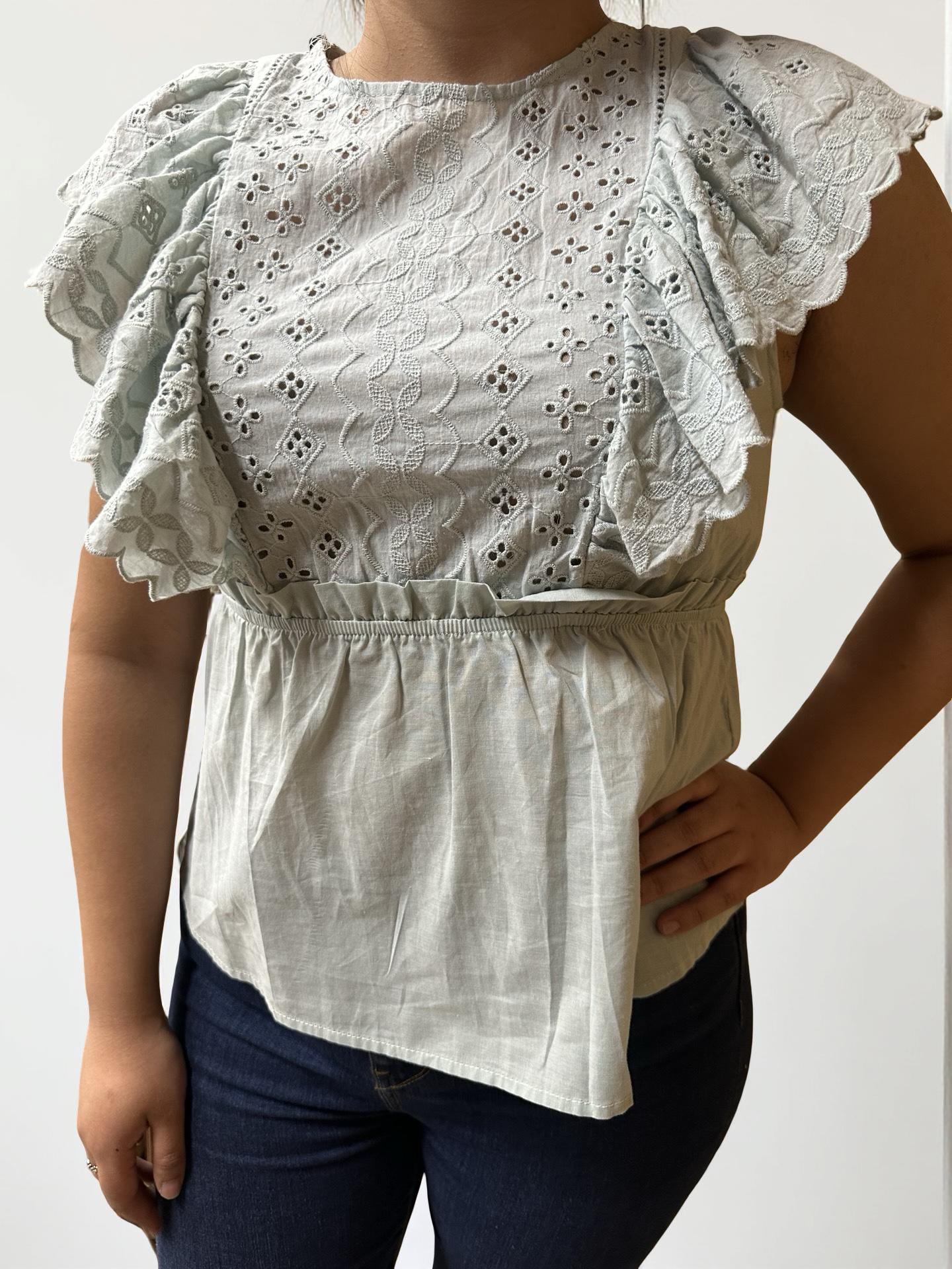 ANA EMBROIDERY EYELET RUFFLE SLEEVES TOP