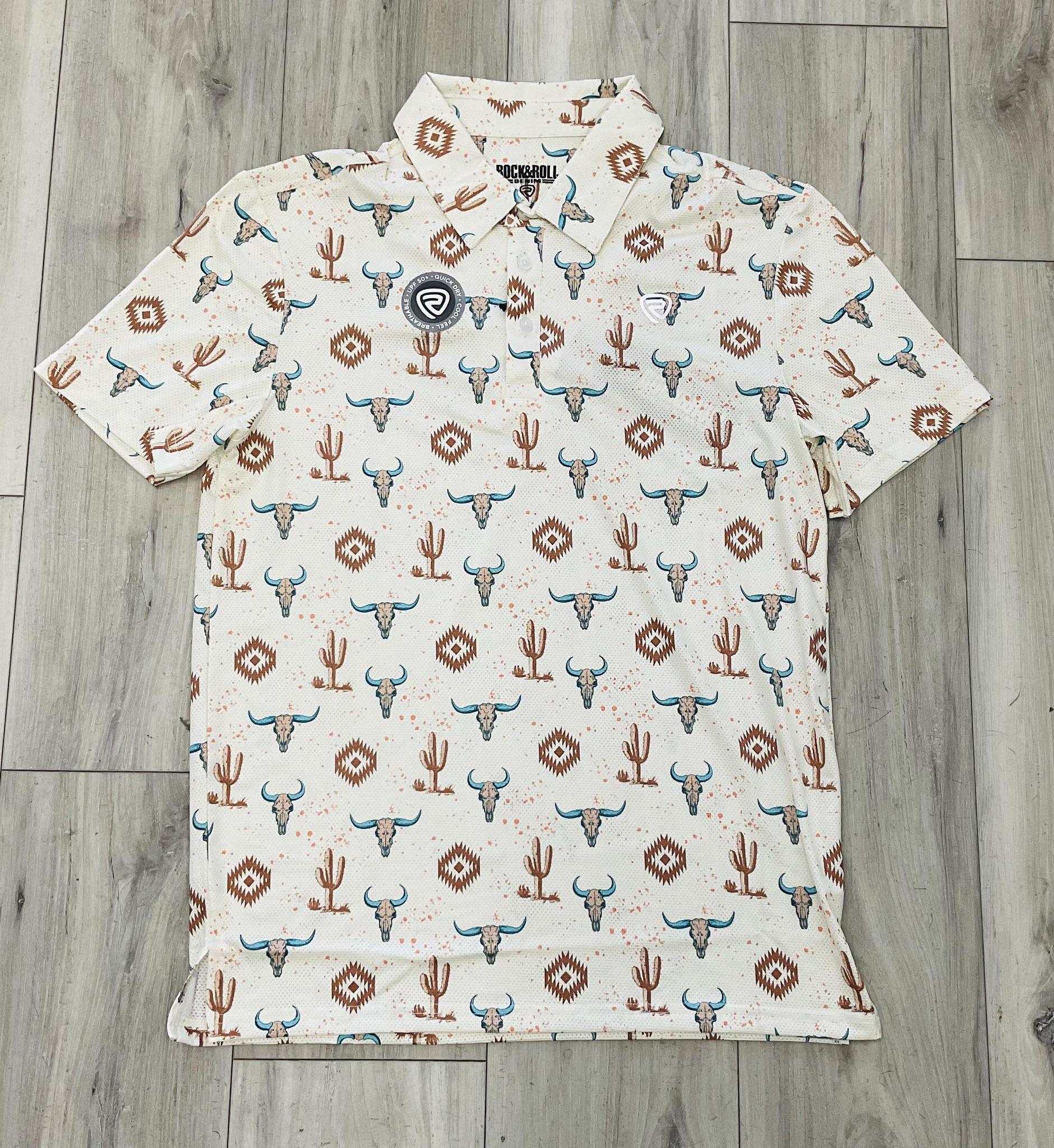 ROCK & ROLL MEN’S SKULL AZTEC PRINTED NATURAL MESH POLO |BM51T08359