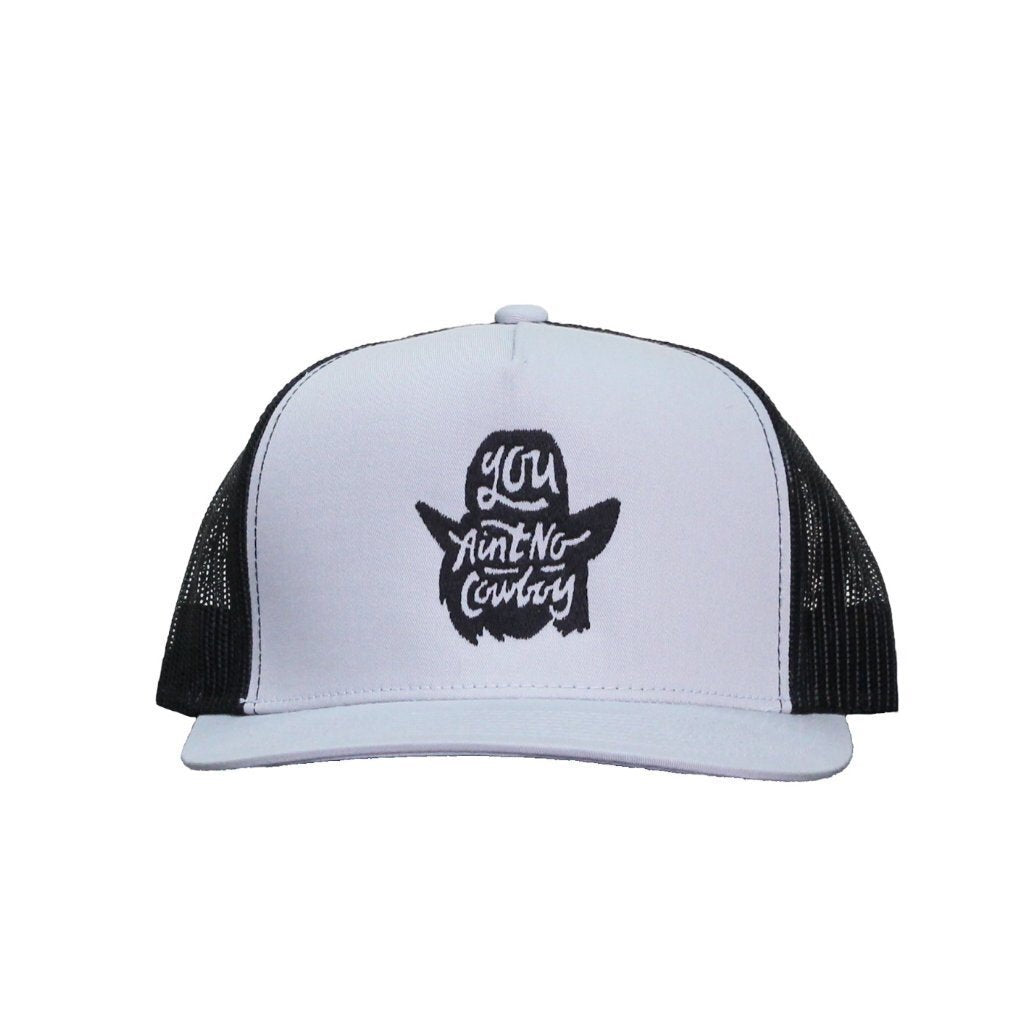 You Ain't No Cowboy Silhouette on Silver and Black Mesh cap