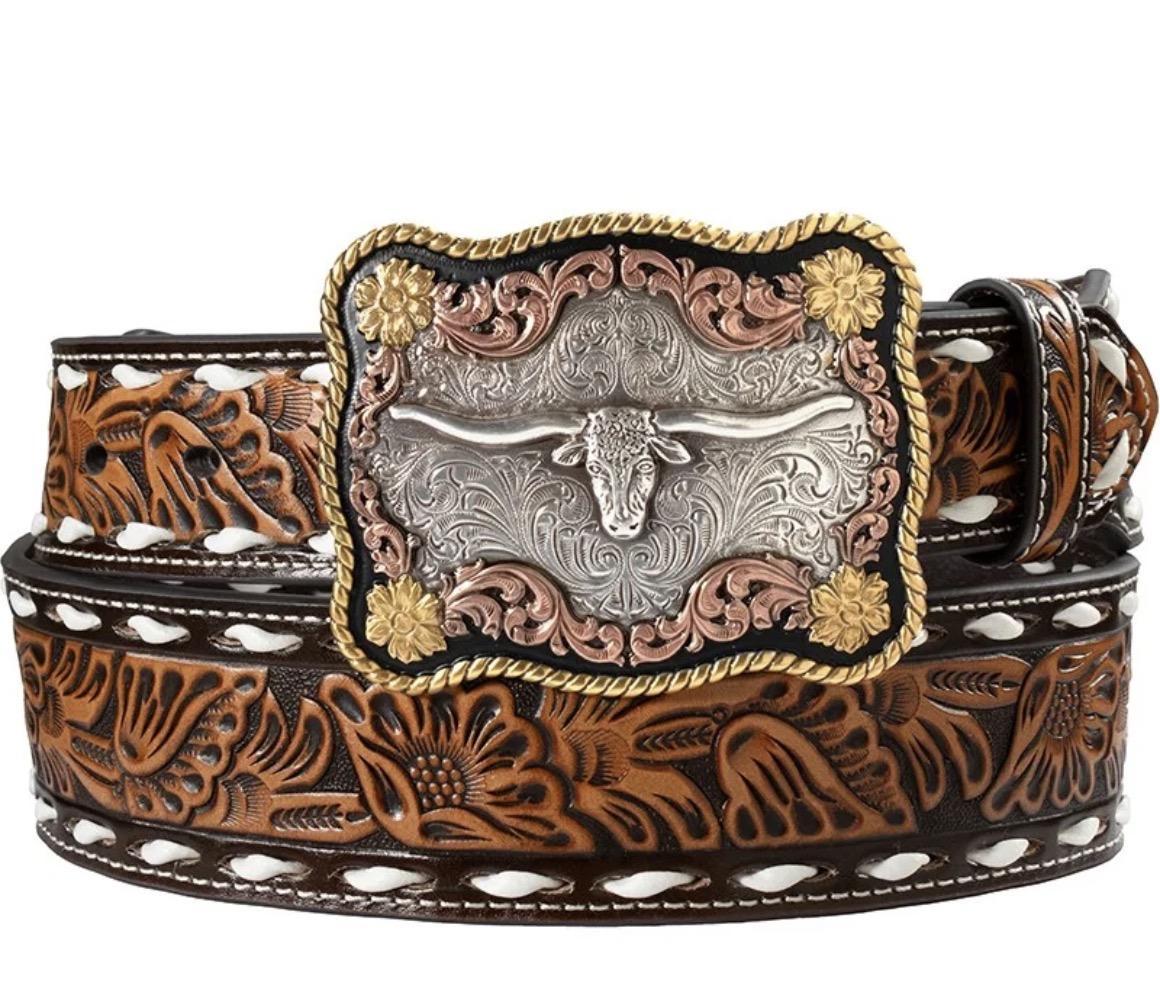 NOCONA WESTERN BELT MENS LEATHER FLORAL EMBOSSED BROWN |N210010502