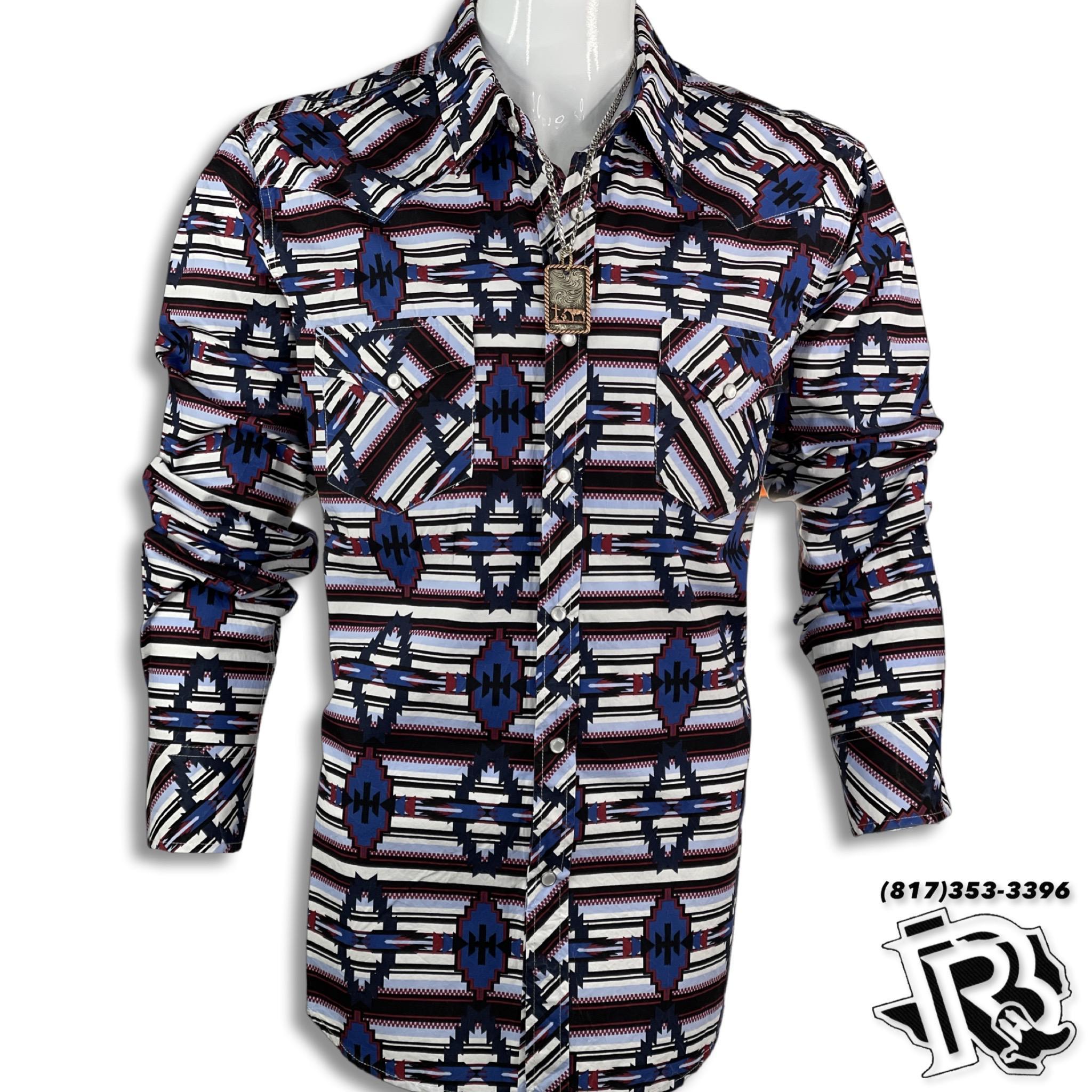 AZTEC SHIRT | MEN LONG SLEEVE WESTERN SHIRT BLUE/WHITE