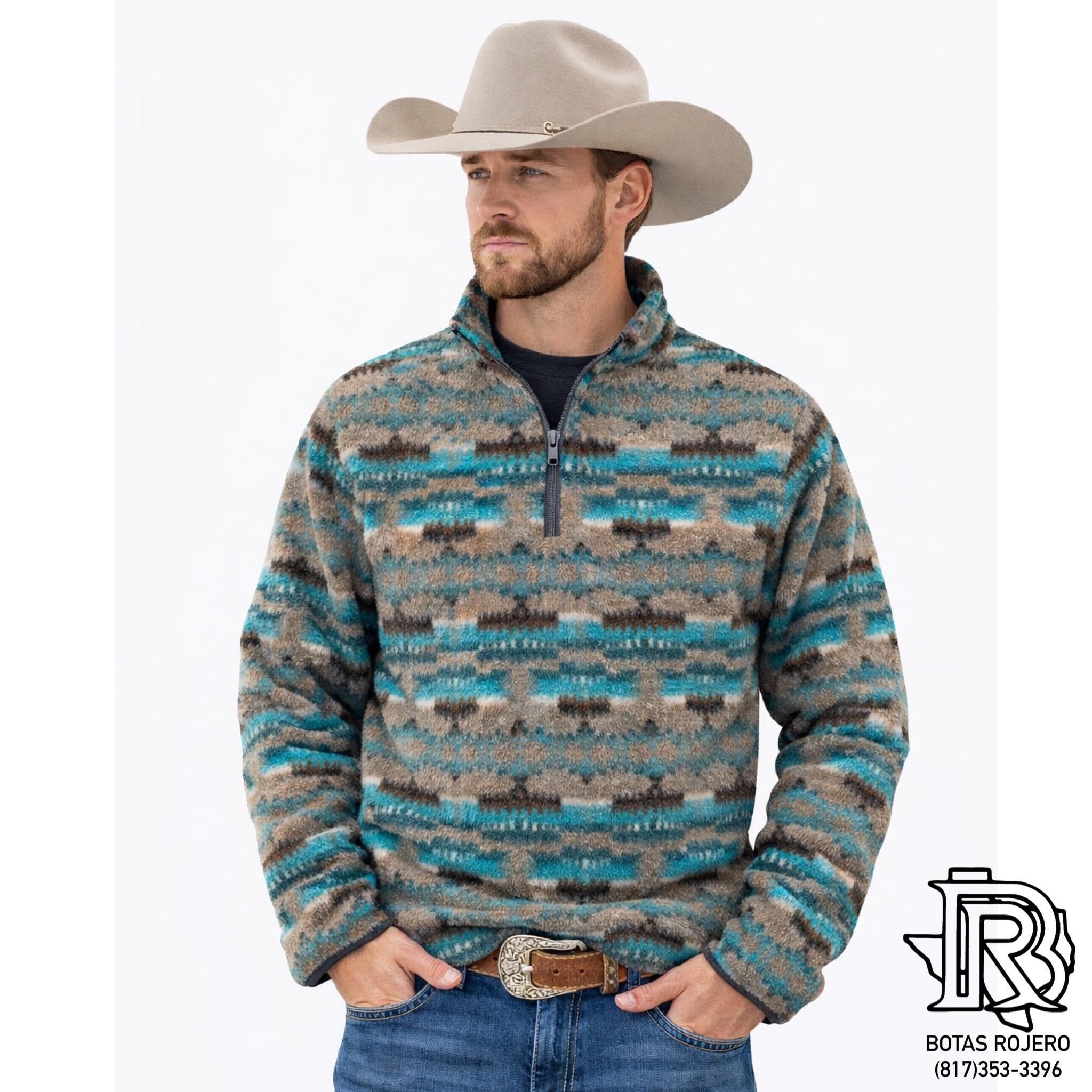 Rock & Roll Men’s Teal Aztec Print Pullover – 1/4 Zip | Style BM91C02293
