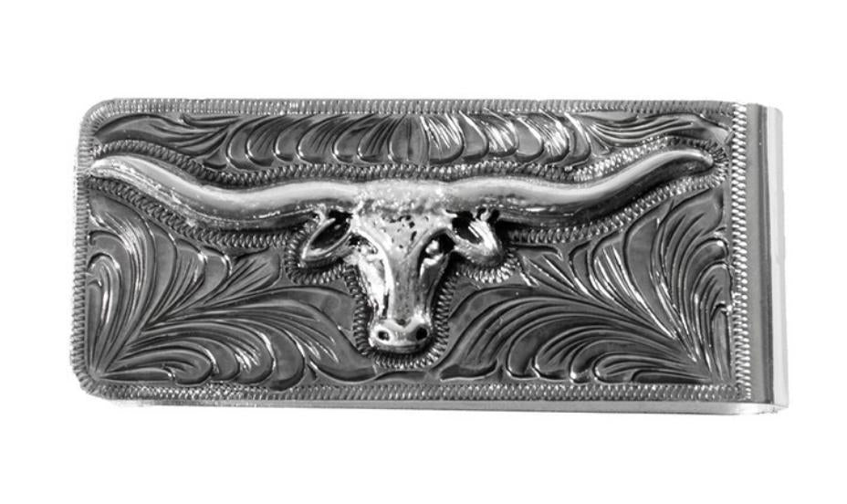 3D Western Wallet Mens Money Clip Longhorn Motif Silver |D250017136