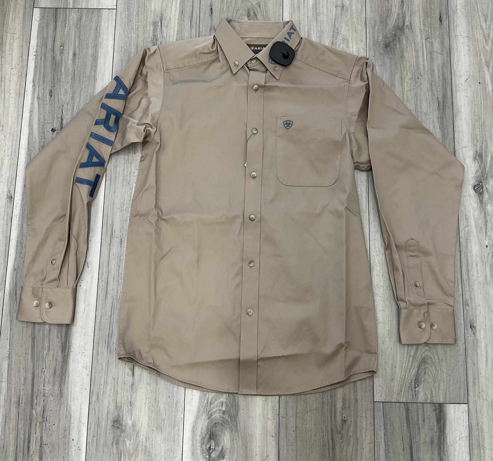 ARIAT MEN’S TEAM LOGO TWILL SAVANNAH TAN/NAVY LONG SLEEVE SHIRT | 10079478