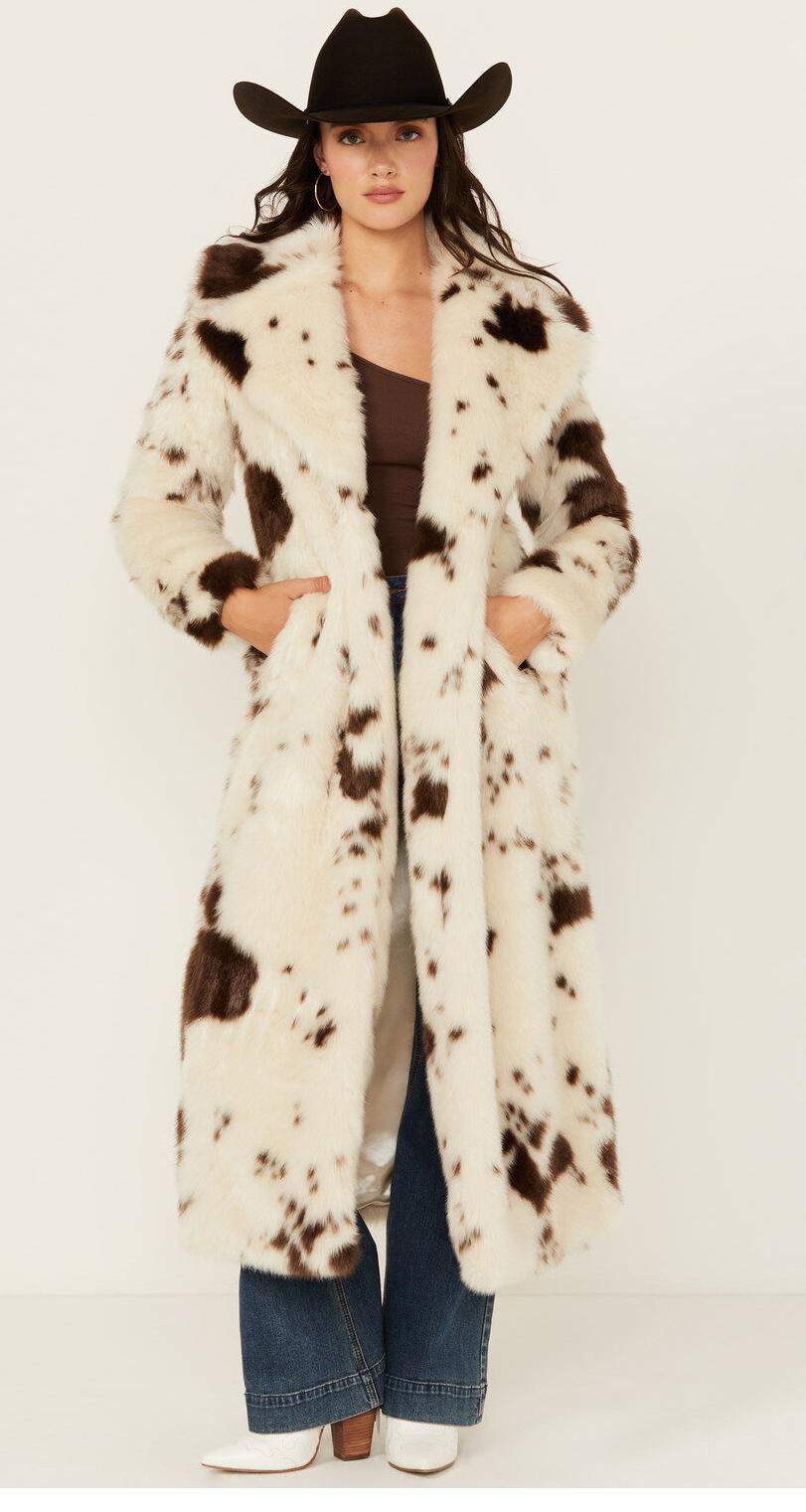 POWDER RIVER OUTFITTERS WOMEN'S COW PRINT DUSTER FAUX FUR COAT |DW92C04155