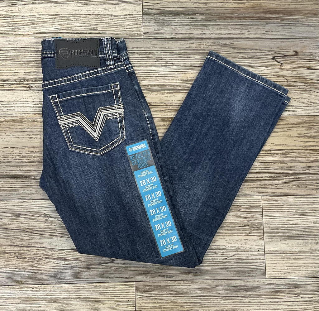 MEN’S ROCK & ROLL DARK VINTAGE ZIG ZAG EMB SLIM STRAIGHT BOOT JEANS | BM1RD06705