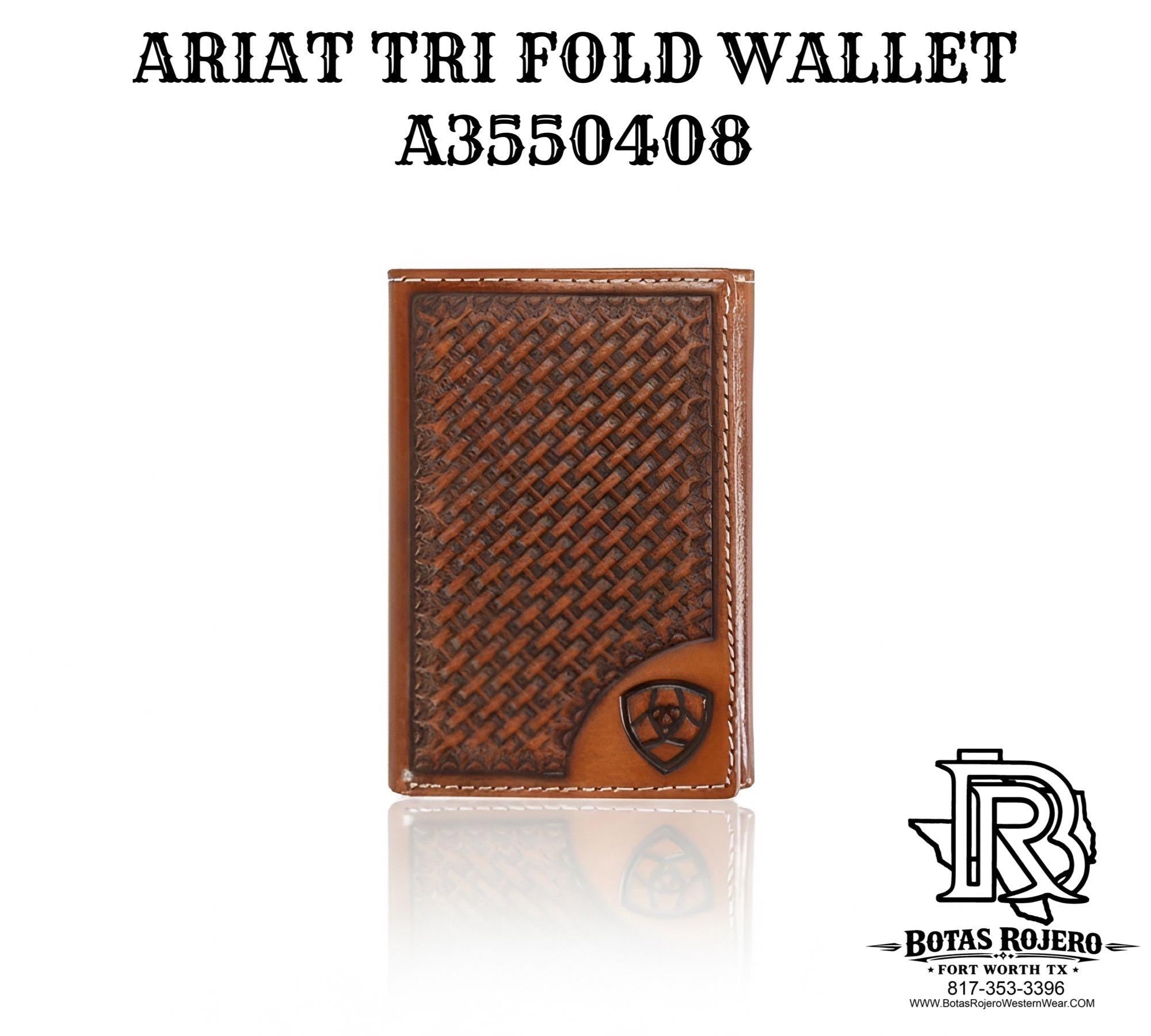 ARIAT MENS TRIFOLD WALLET BASKETWEAVE SHIELD TAN A3550408