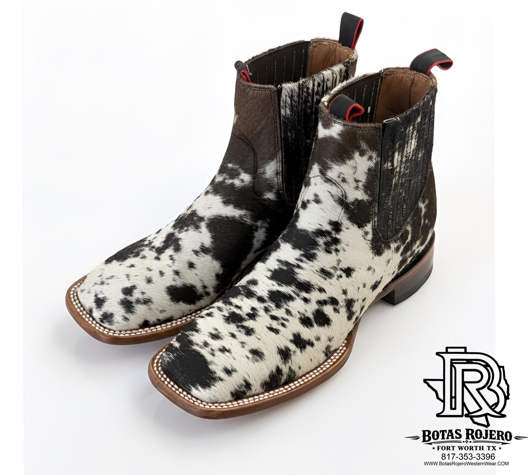COWHIDE BOTINES CHARRO RIDDING BOOTS SQUARE TOE BOOTS BLACK WHITE LOS TEJANOS