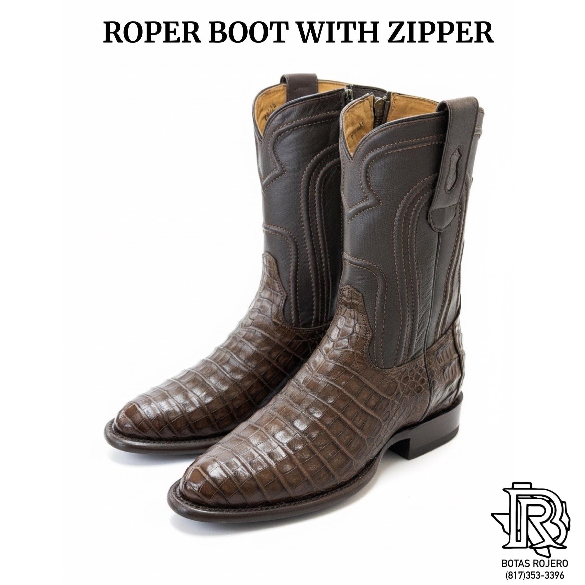 Robert Men’s Chocolate Caiman Belly Roper Boots with Side Zipper