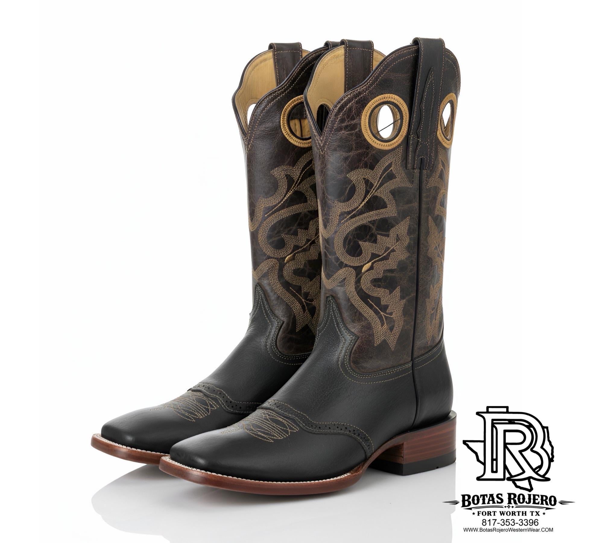 BLACK LEATHER MEN WESTERN SQUARE TOE BOOTS