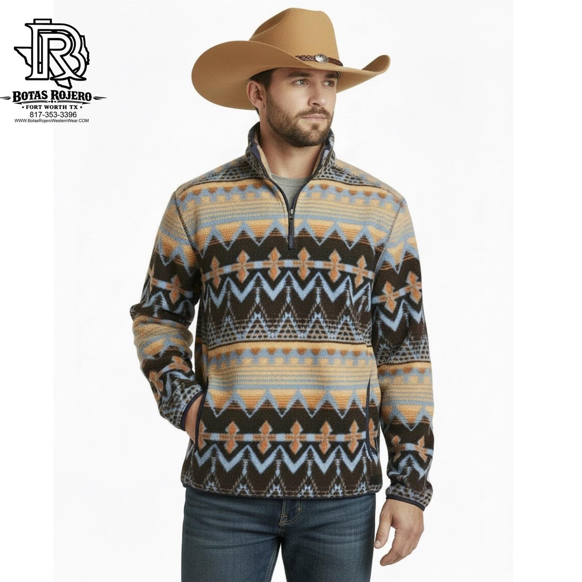 Rock & Roll Cowboy Men's Aztec Print 1/4 Zip Berber Pullover - Multi | RRM091RZX0