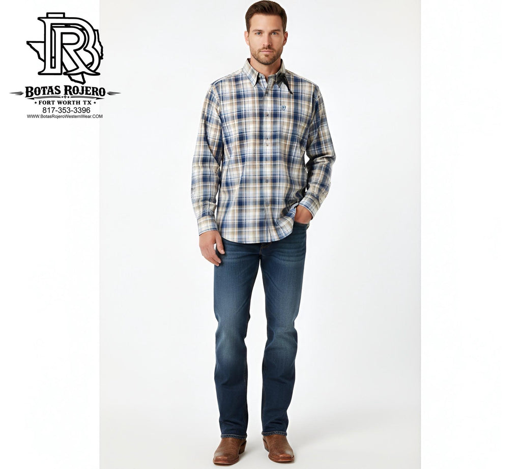 ARIAT MEN’S PRO WES FITTED SAVANNAH TAN MEDIUM PLAID LONG SLEEVE SHIRT |10079432