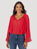 WOMAN WRANGLER RETRO LONG SLEEVE CROCHET LACCE BLOUSE RED |112317555