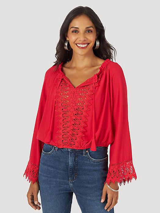 WOMAN WRANGLER RETRO LONG SLEEVE CROCHET LACCE BLOUSE RED |112317555