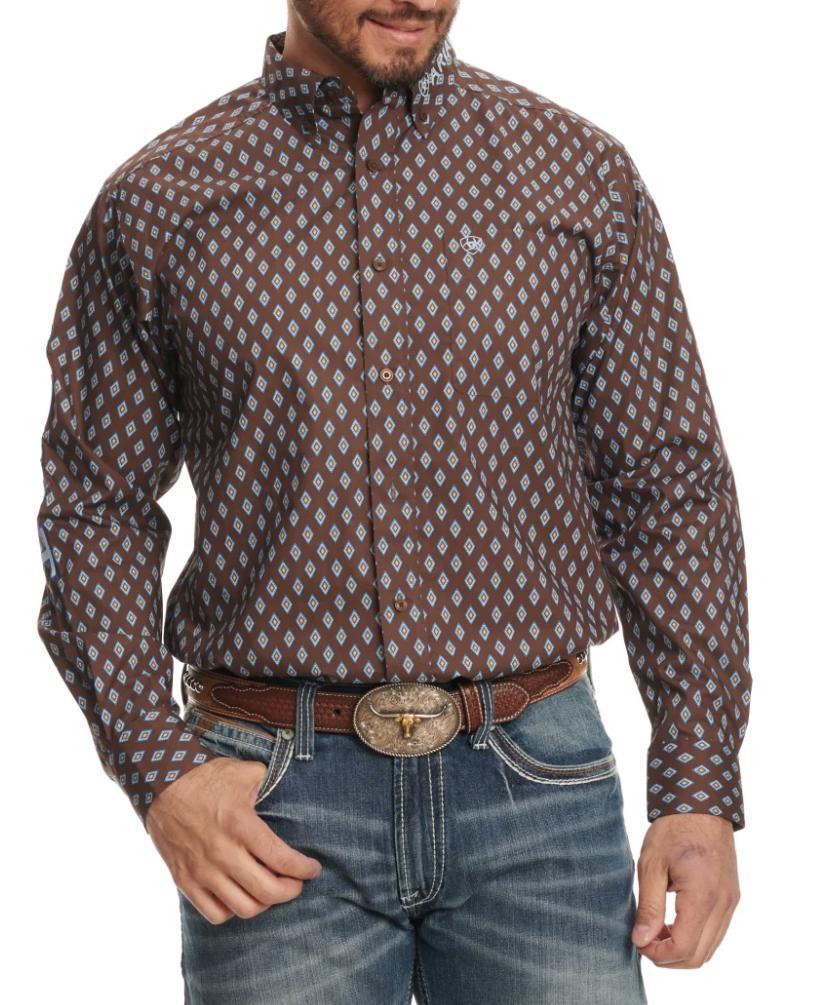 MENS ARIAT TEAM OAK BROWN/LIGHT BLUE LONG SLEEVE SHIRT | 10054056