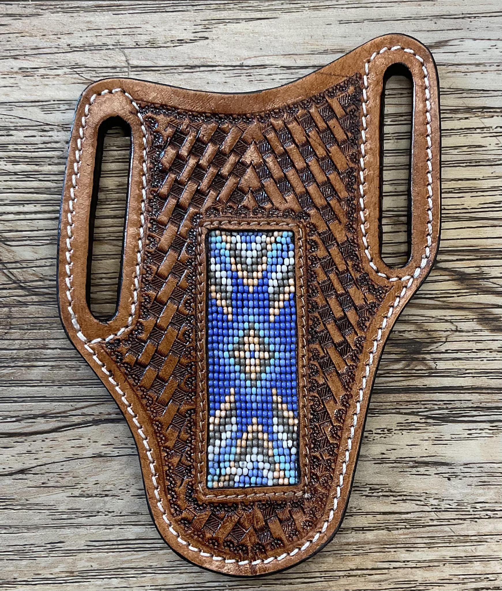 “ ALEXANDER  “ |  KNIFE SHEATH WESTERN TOOLED LEATHER  BEADED | IRON SPUR