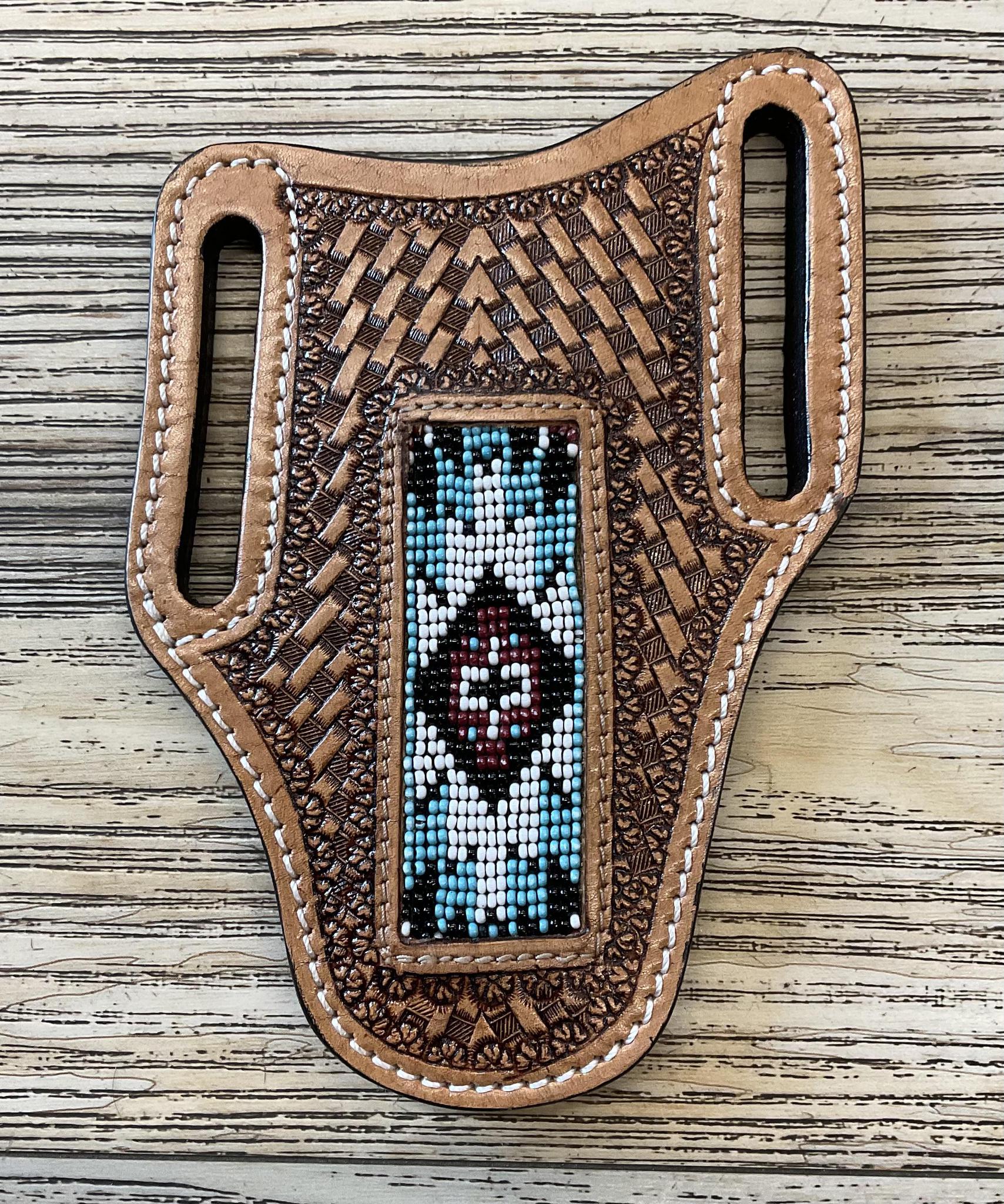 “ OSCAR “ |  KNIFE SHEATH WESTERN TOOLED LEATHER  BEADED | IRON SPUR