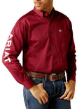 MENS ARIAT TEAM LOGO TWILL LONG SLEEVE DARK RED/WHITE SHIRT|10052820