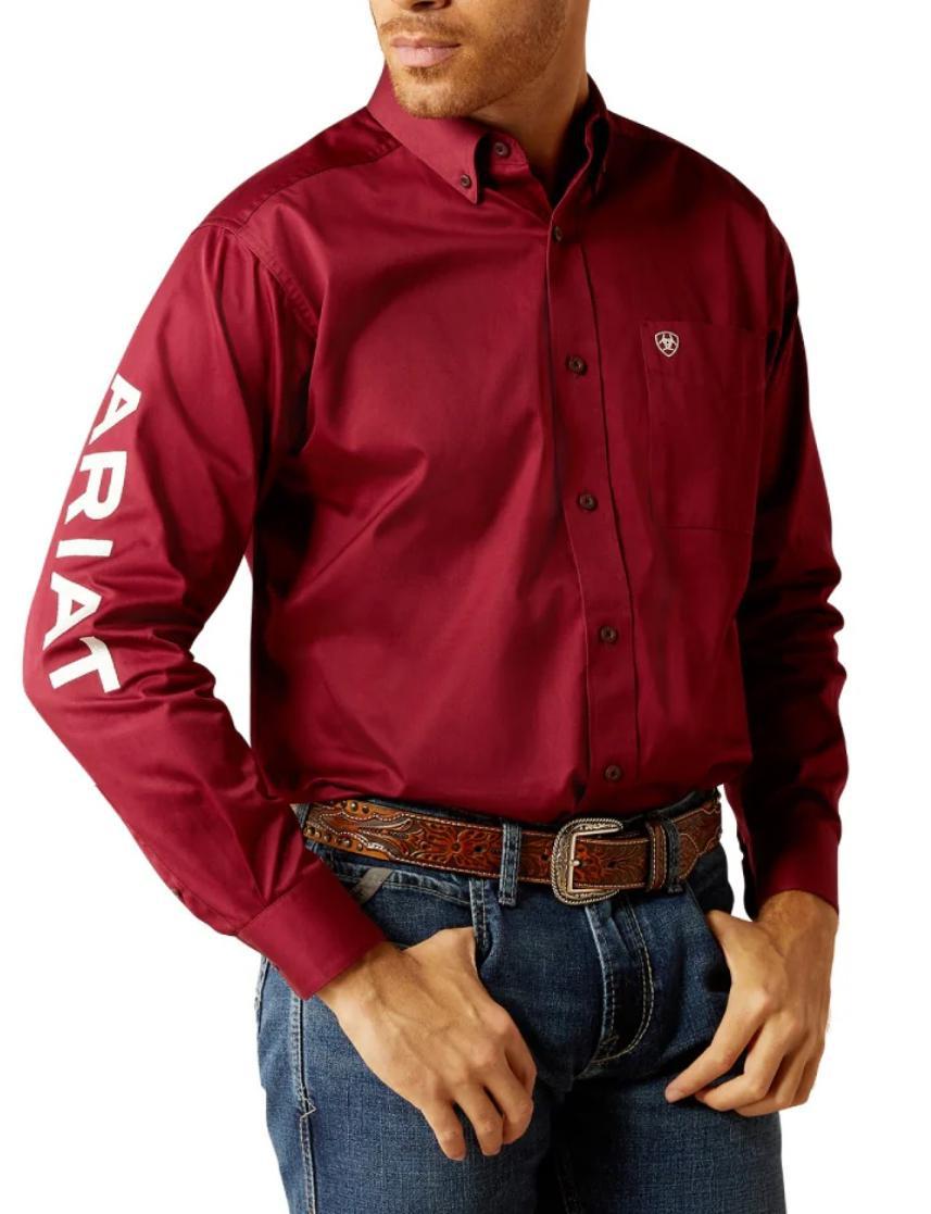 MENS ARIAT TEAM LOGO TWILL LONG SLEEVE DARK RED/WHITE SHIRT|10052820
