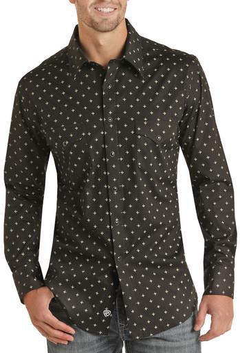 MENS LONG SLEEVE POPLIN BLACK PRINT SHIRT PANHANDLE | RRMSOSRZ1B