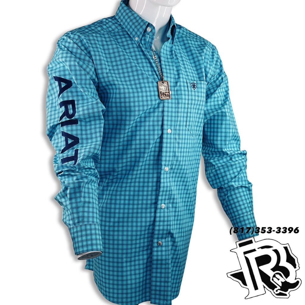 ARIAT MEN SHIRT | AQUA LONG SLEEVE WITH LETTERS ON SLEEVE