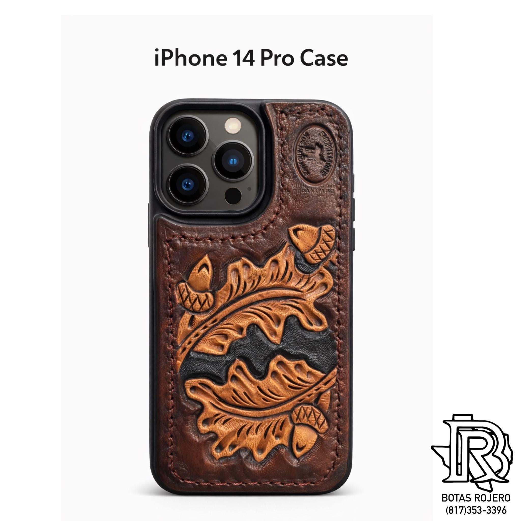 Hand-Tooled Leather Oak Leaf Case – iPhone 14 Pro