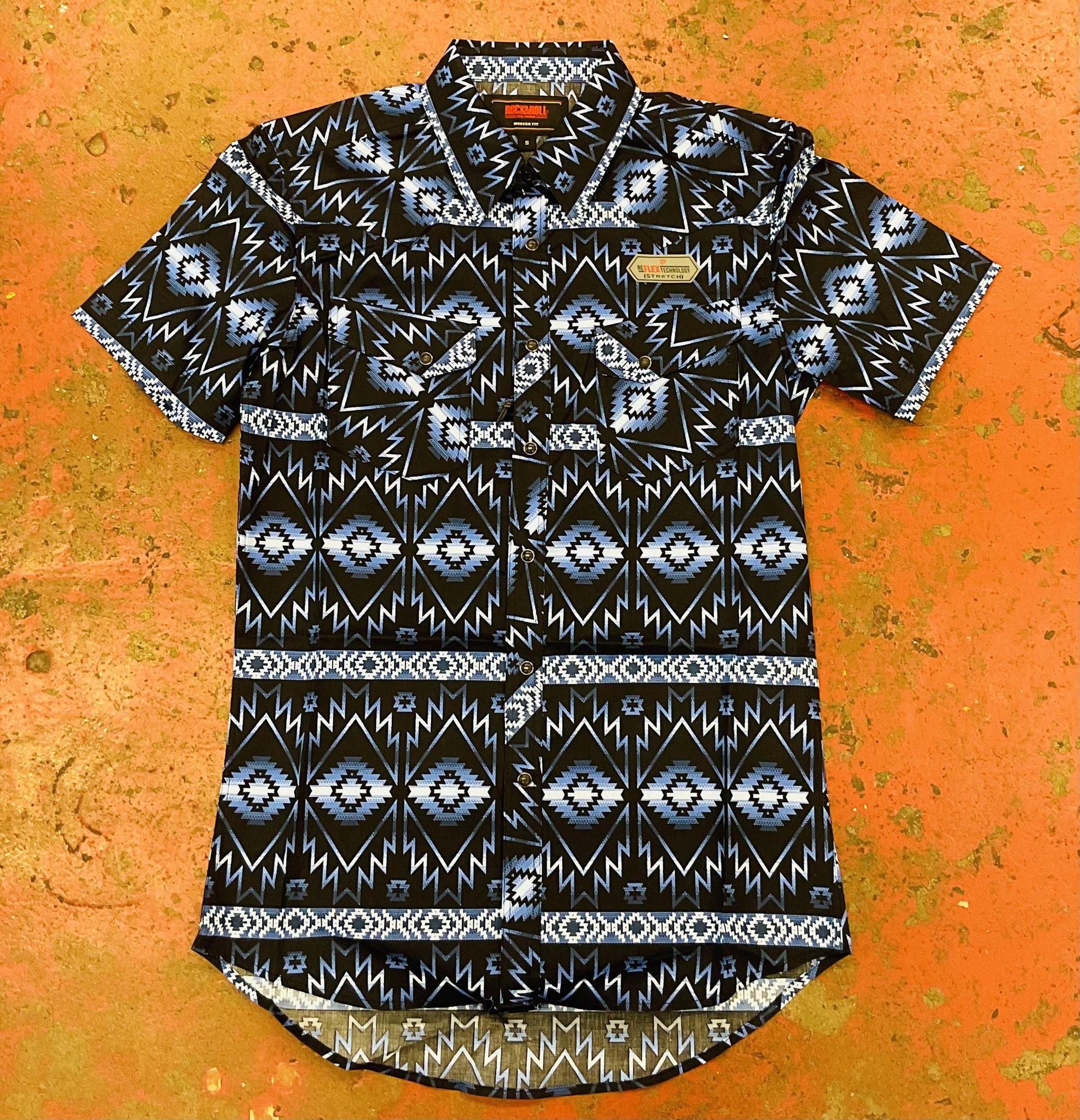 MENS short sleeve Aztec woven snap shirt blue |RRMS1SR0PU