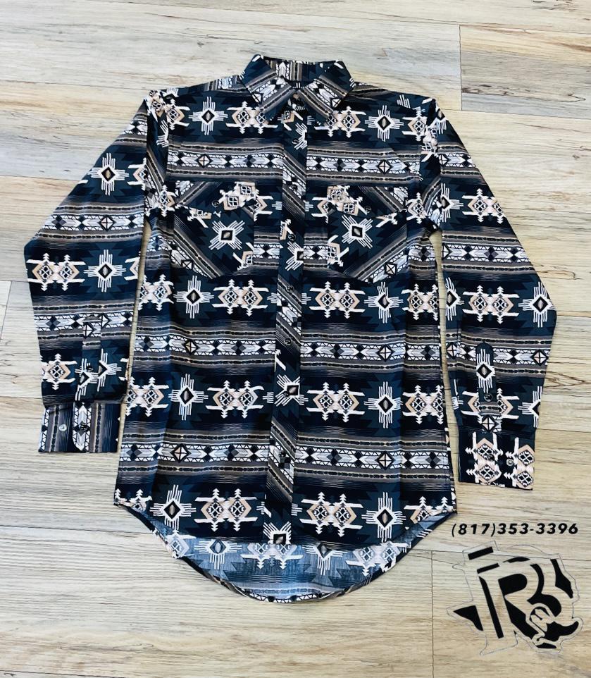 Men’s long sleeve 2pkt Aztec snap teal shirt | PMN2S02325