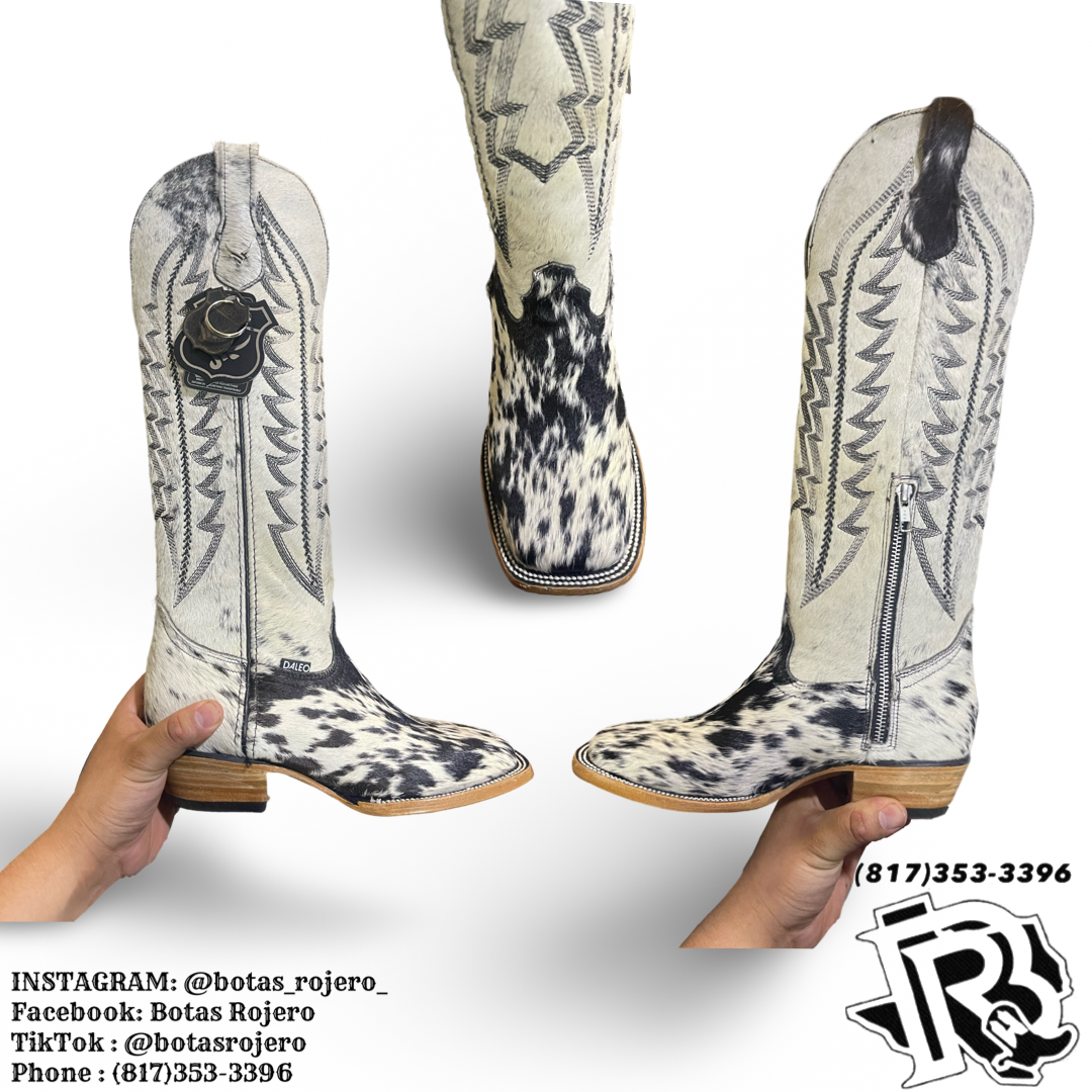 PRE ORDER COMES IN JULY 29 “ ALEXA “ | WOMEN WESTERN BOOTS TALL COWHIDE BLACK AND WHTE
