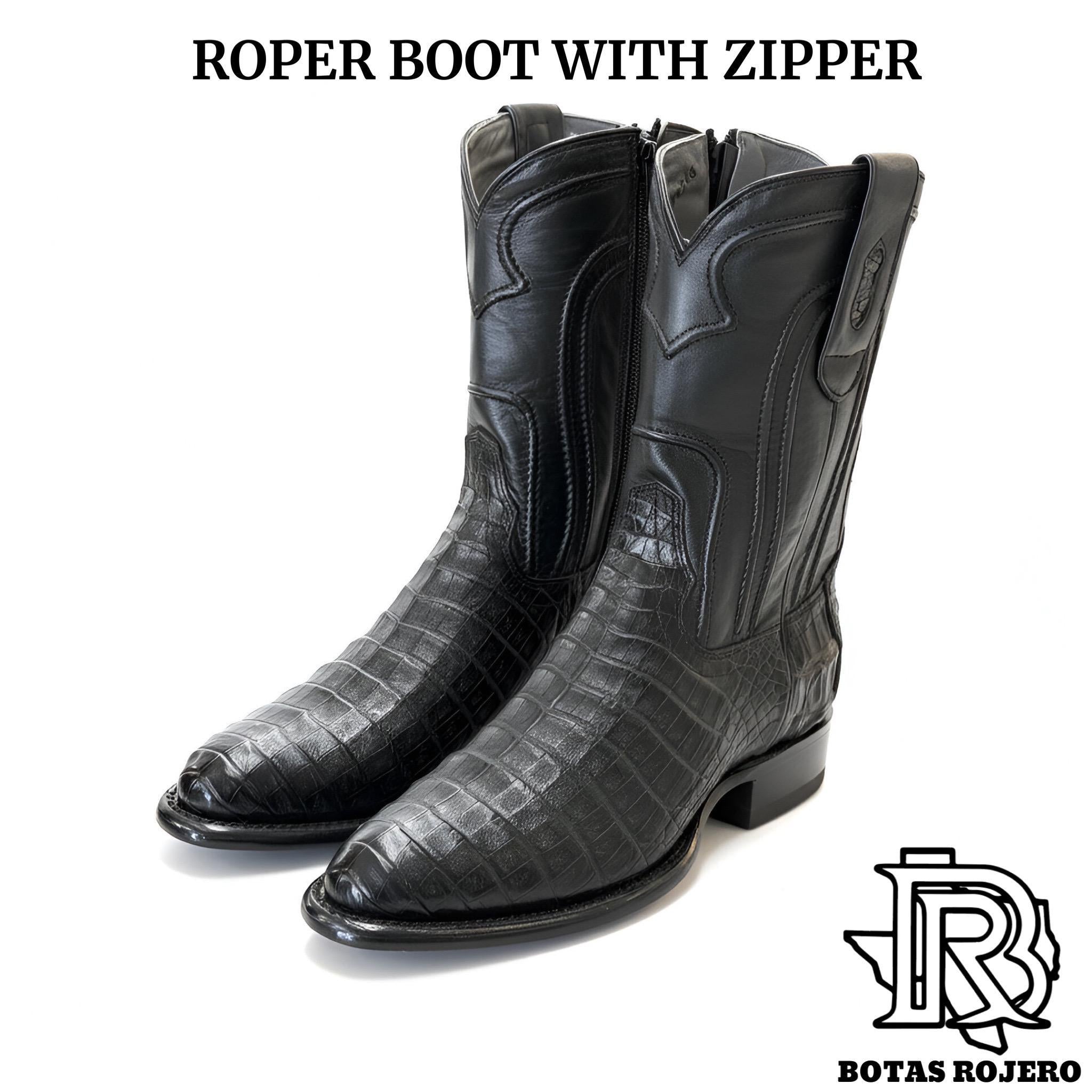 Robert Men’s Black Caiman Belly Roper Boots with Side Zipper