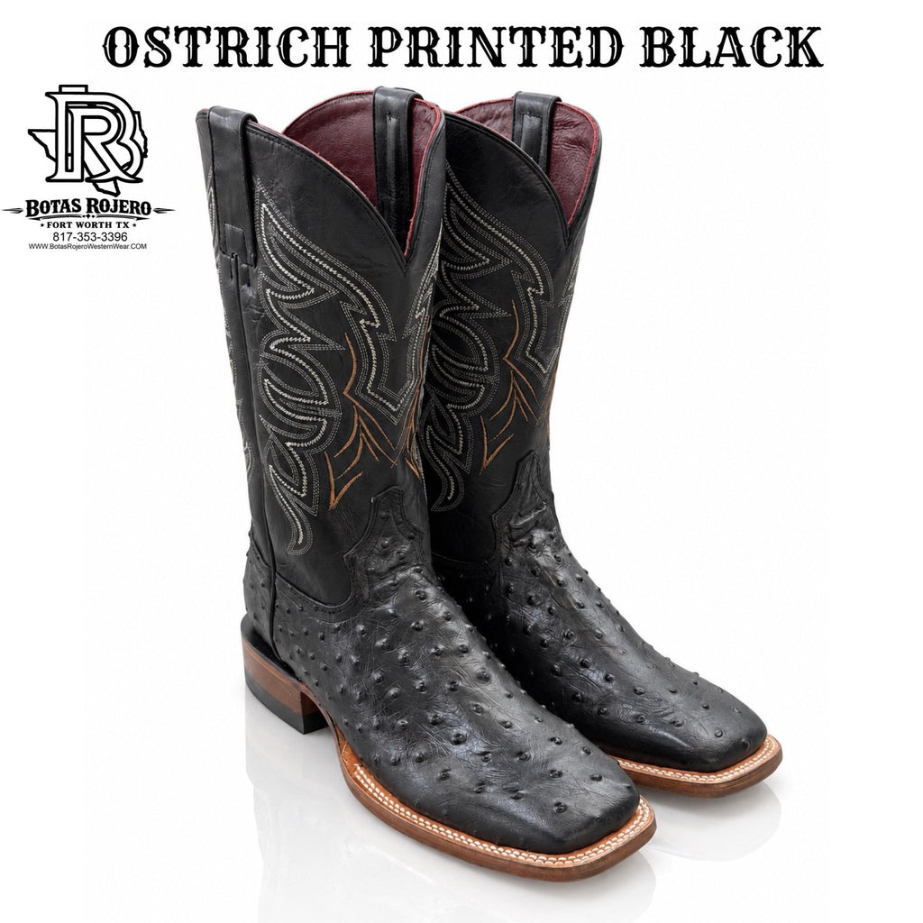 “ HUDSON “ MEN'S BLACK SQAURE TOE WESTERN PRINTED OSTRICH BOOT BY IRON SPUR