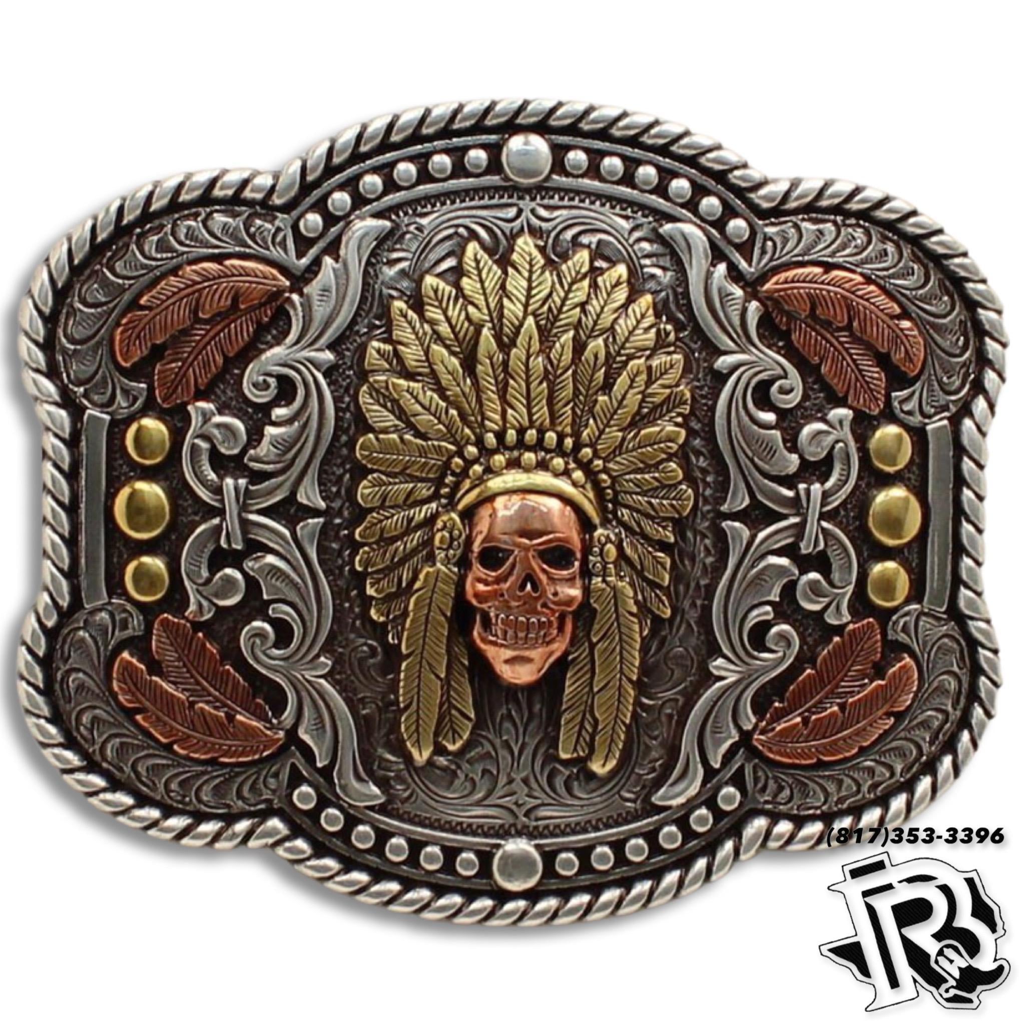 NOCONA MENS RECTANGLE ROPE EDGE FEATHER SKULL CHIEF