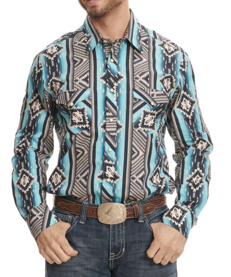 Rock & Roll  Men's Navy & Turquoise Aztec Print Long Sleeve Western Shirt| BMN2S02150
