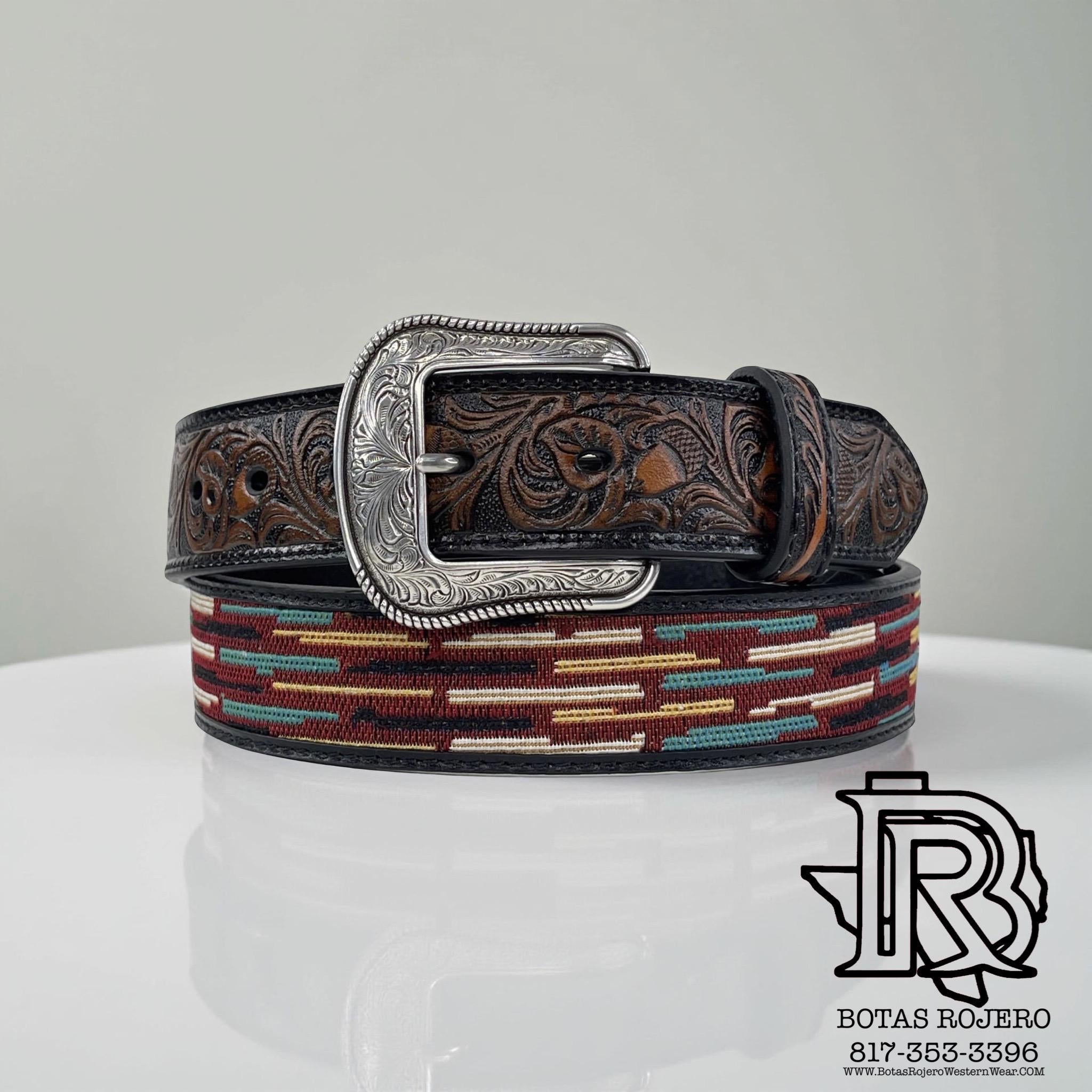 “ THE PUNCHY “ | 3D MENS BELT 1 1/2 TOOLED TABS WOVEN INLAY BLACK D100012301