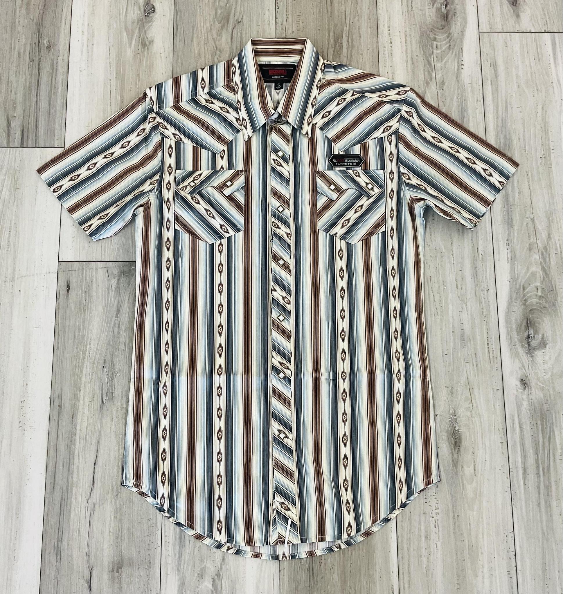 ROCK & ROLL MEN’S SERAPE STRIPE PRINTED DARK BROWN SHORT SLEEVE SHIRT | BMN3S08306