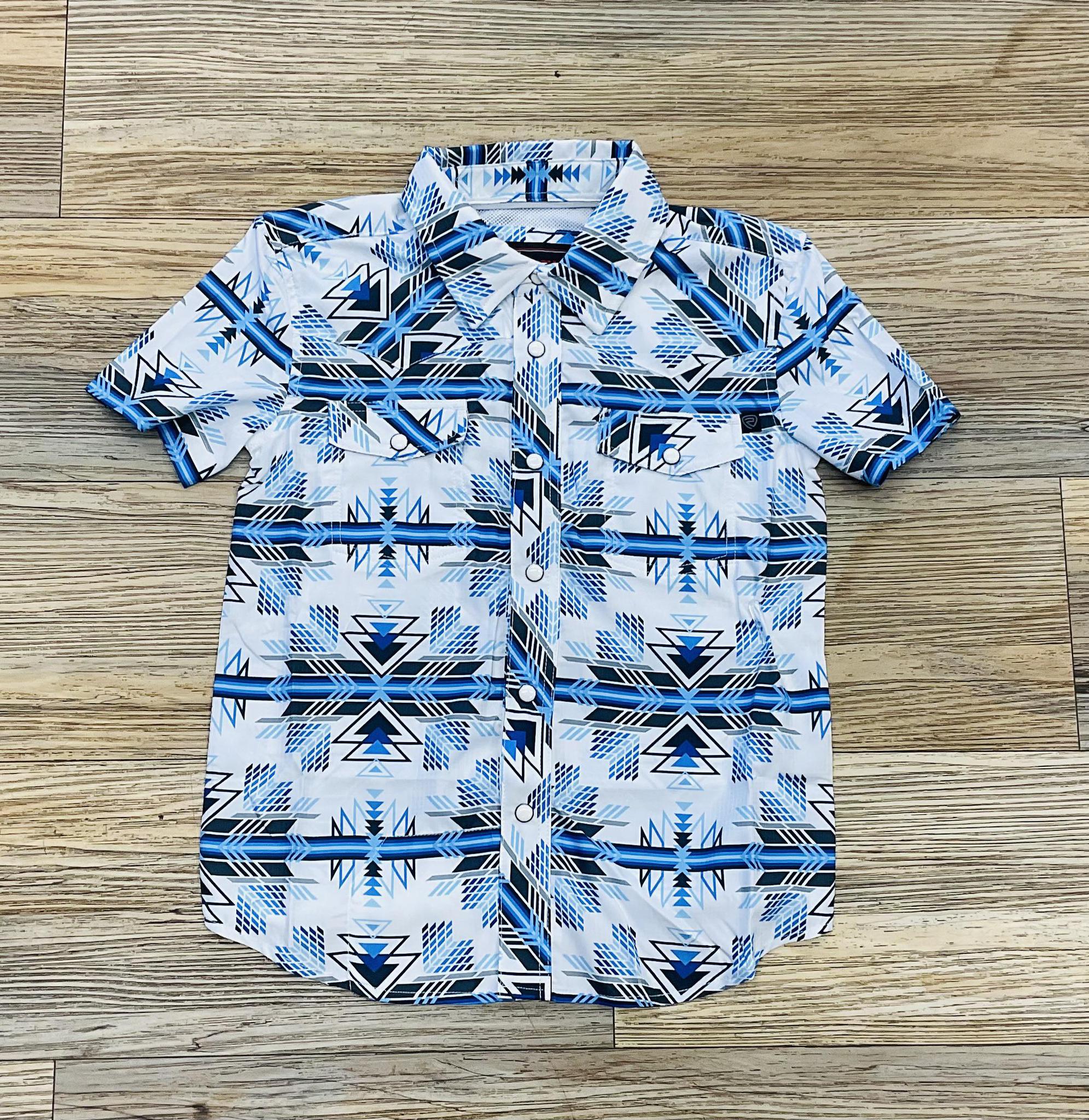 Boys Rock & Roll Tek short sleeve 2pkt Aztec snap blue shirt | BBN3S04218