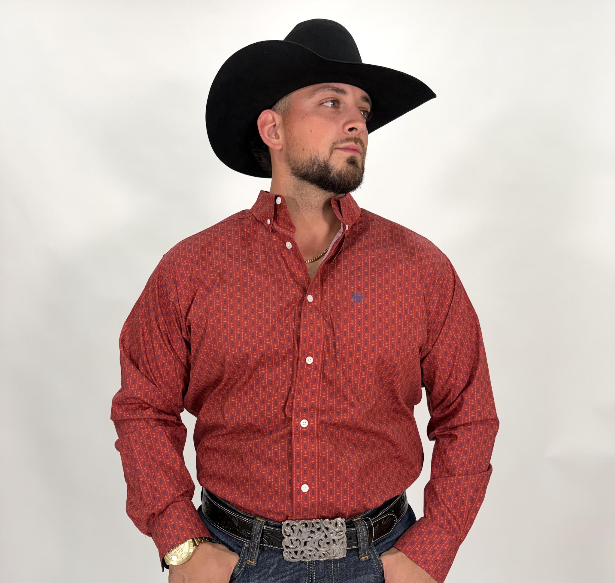 ARIAT MEN’S  RED TRUETT FITTED LONG SLEEVE SHIRT|10065807