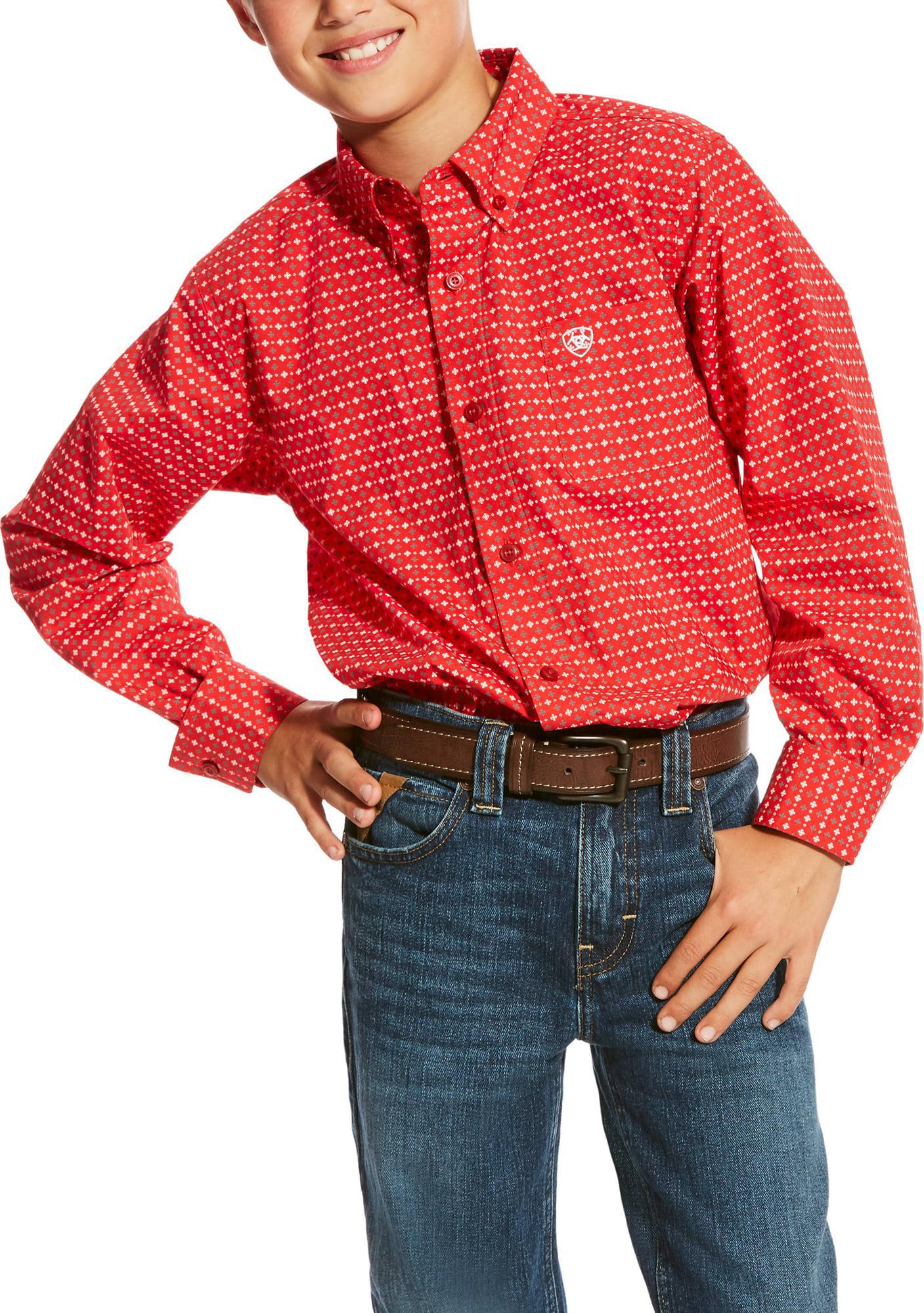 10024150 BOYS ARIAT CARMINE LS PRT SHIRT SCARLET RUBY