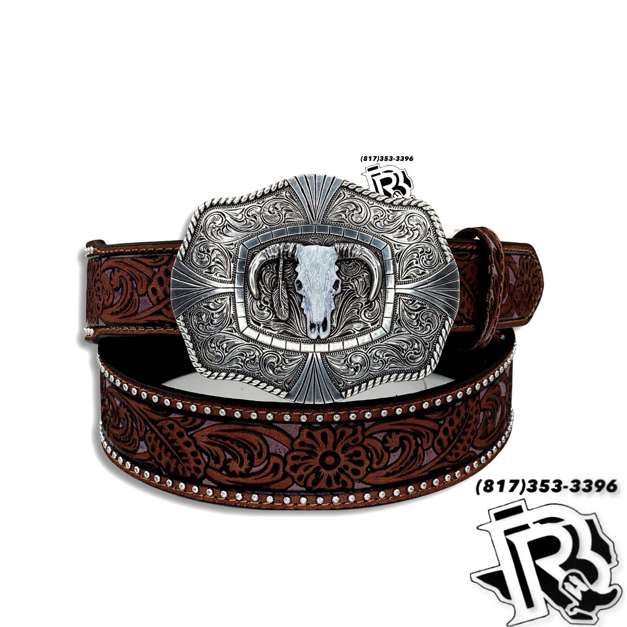 “ Isaac “ | MENS WESTERN BELT LIGHT BLUE FLORAL SILVER STUDS BROWN N210004802
