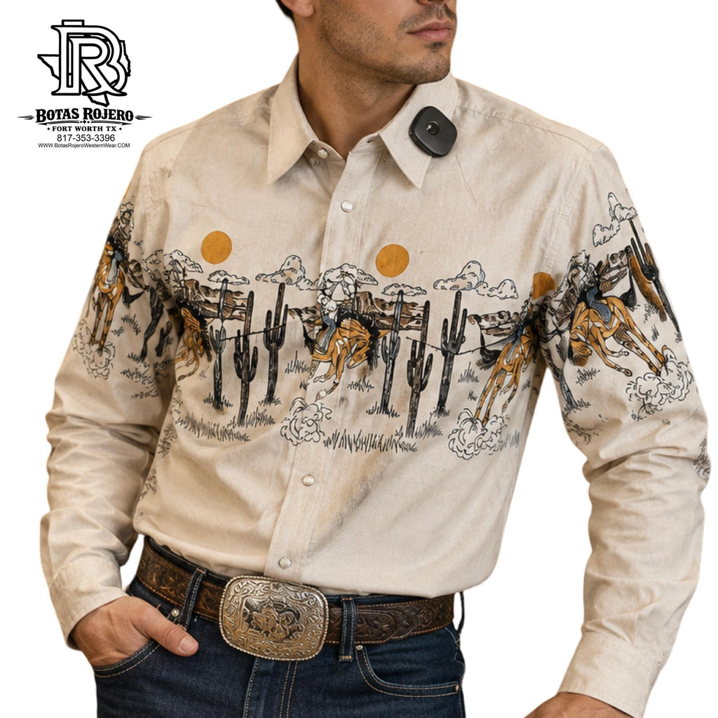 Mens Rock & Roll long sleeve 2pkt bronc border tan shirt | SMN2S03217
