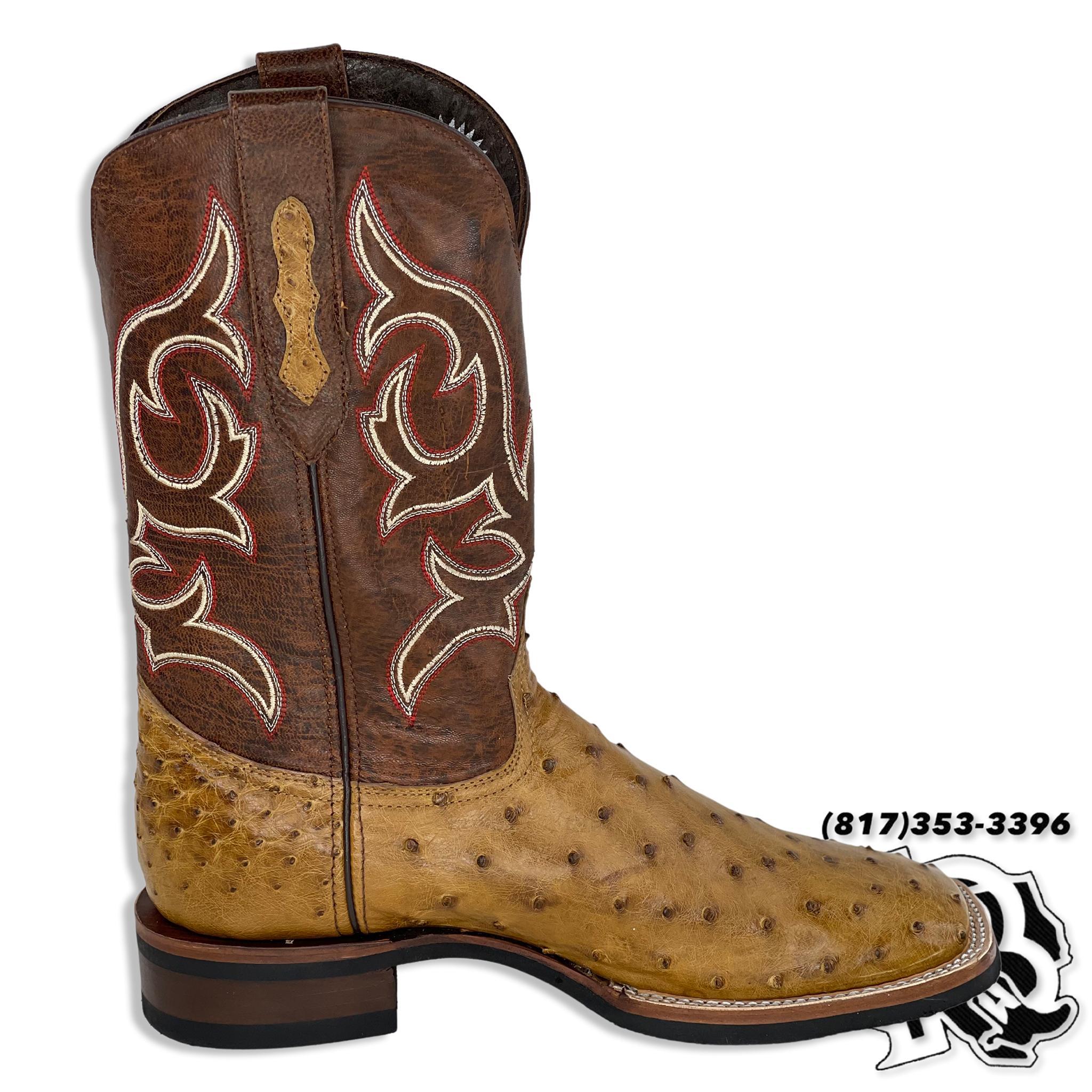 OSTRICH RUBBER SOLE BOOTS |ANTIQUE SADDLE MEN SQUARE TOE BOOTS