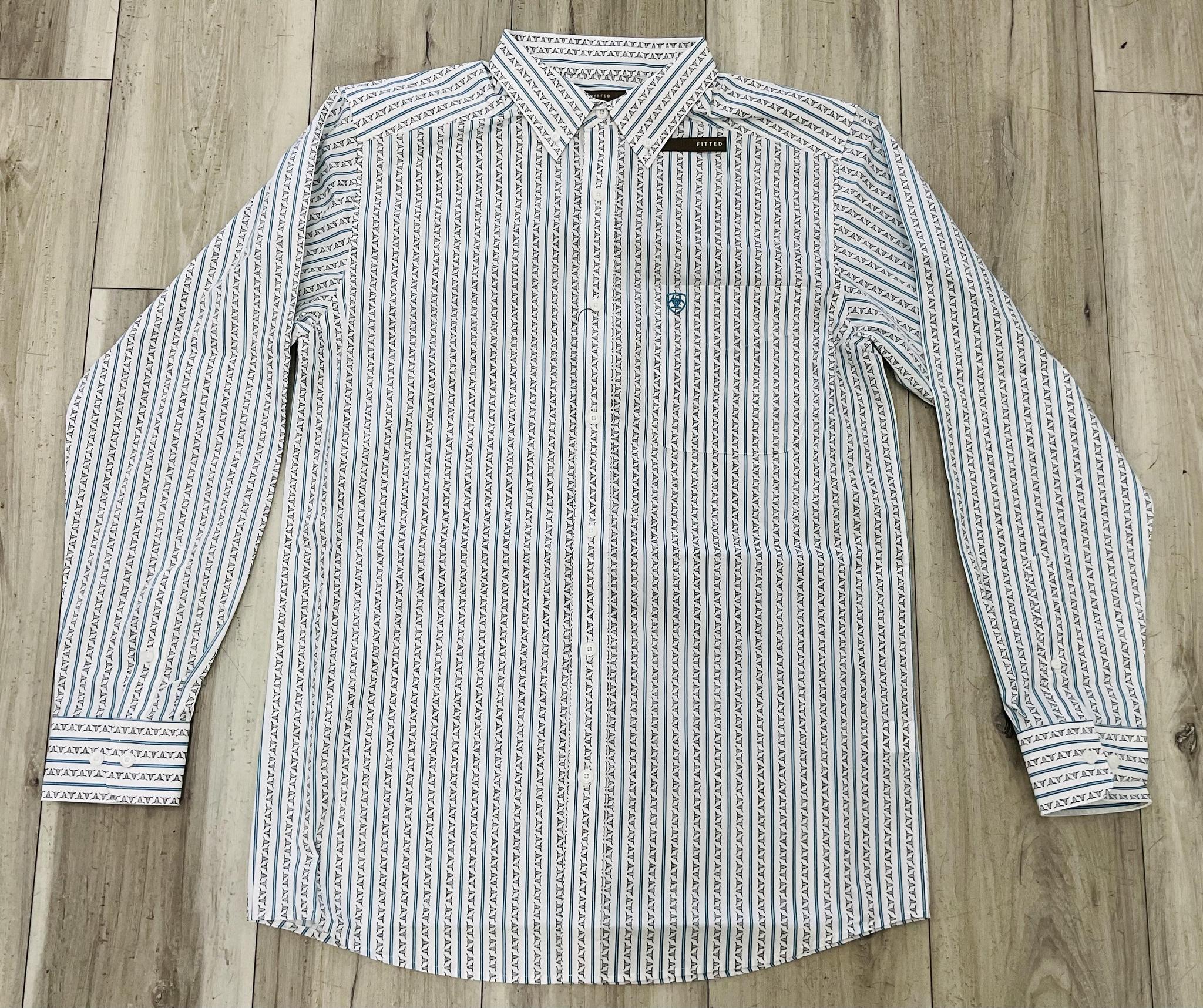 ARIAT MEN’S CROW FITTED WHITE LONGHORN STRIPE LONG SLEEVE SHIRT |10079419